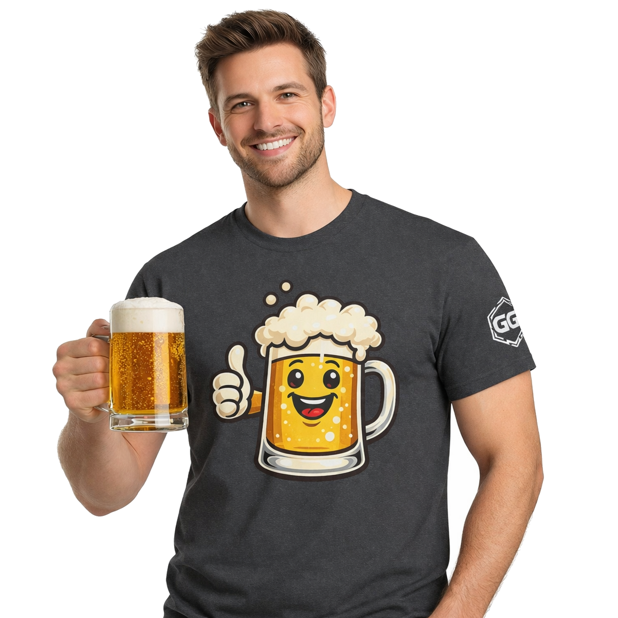 model:6:m | Lustiger Bierkrug – Unisex T-Shirt – Model photo in Dark Heather – Man
