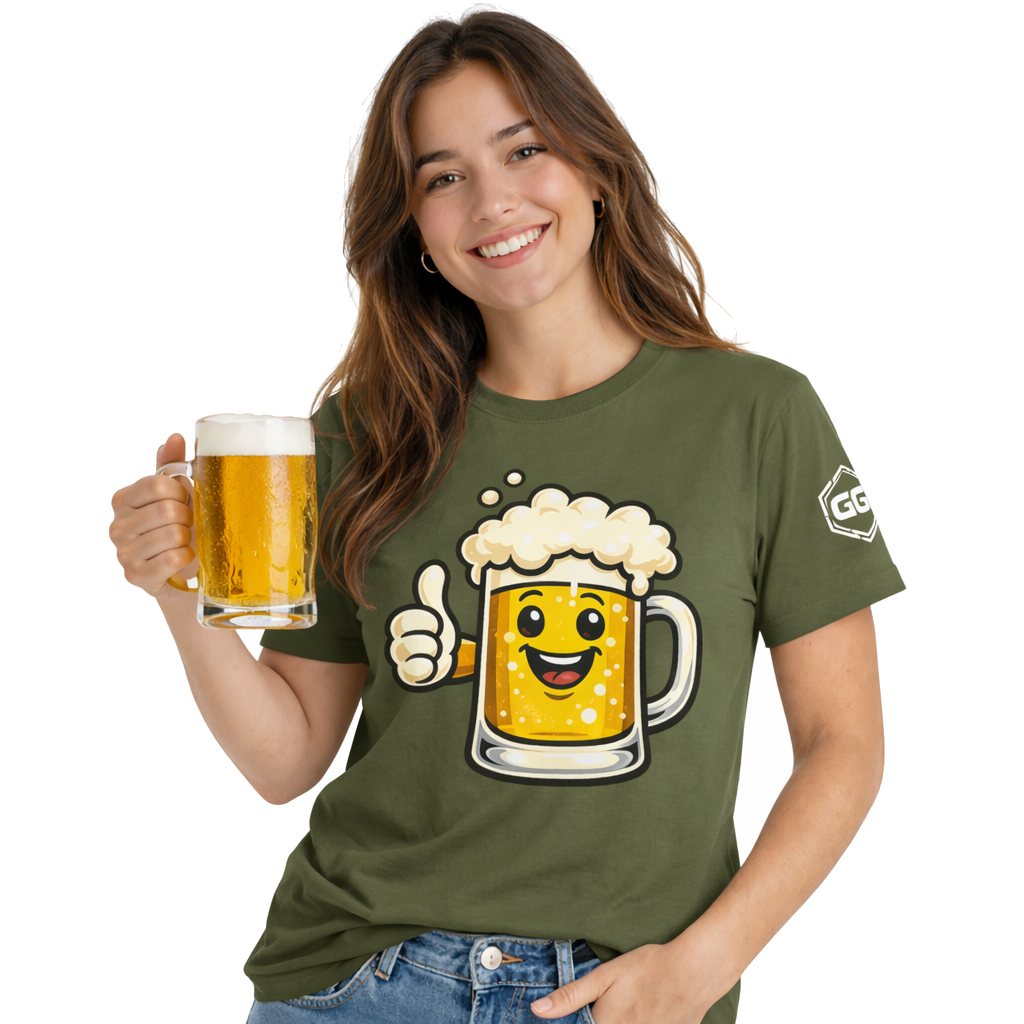 model:5:f | Lustiger Bierkrug – Unisex T-Shirt – Model photo in Military Green – Woman