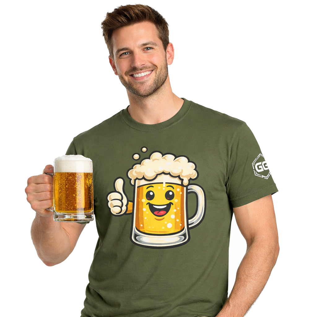 model:5:m | Lustiger Bierkrug – Unisex T-Shirt – Model photo in Military Green – Man