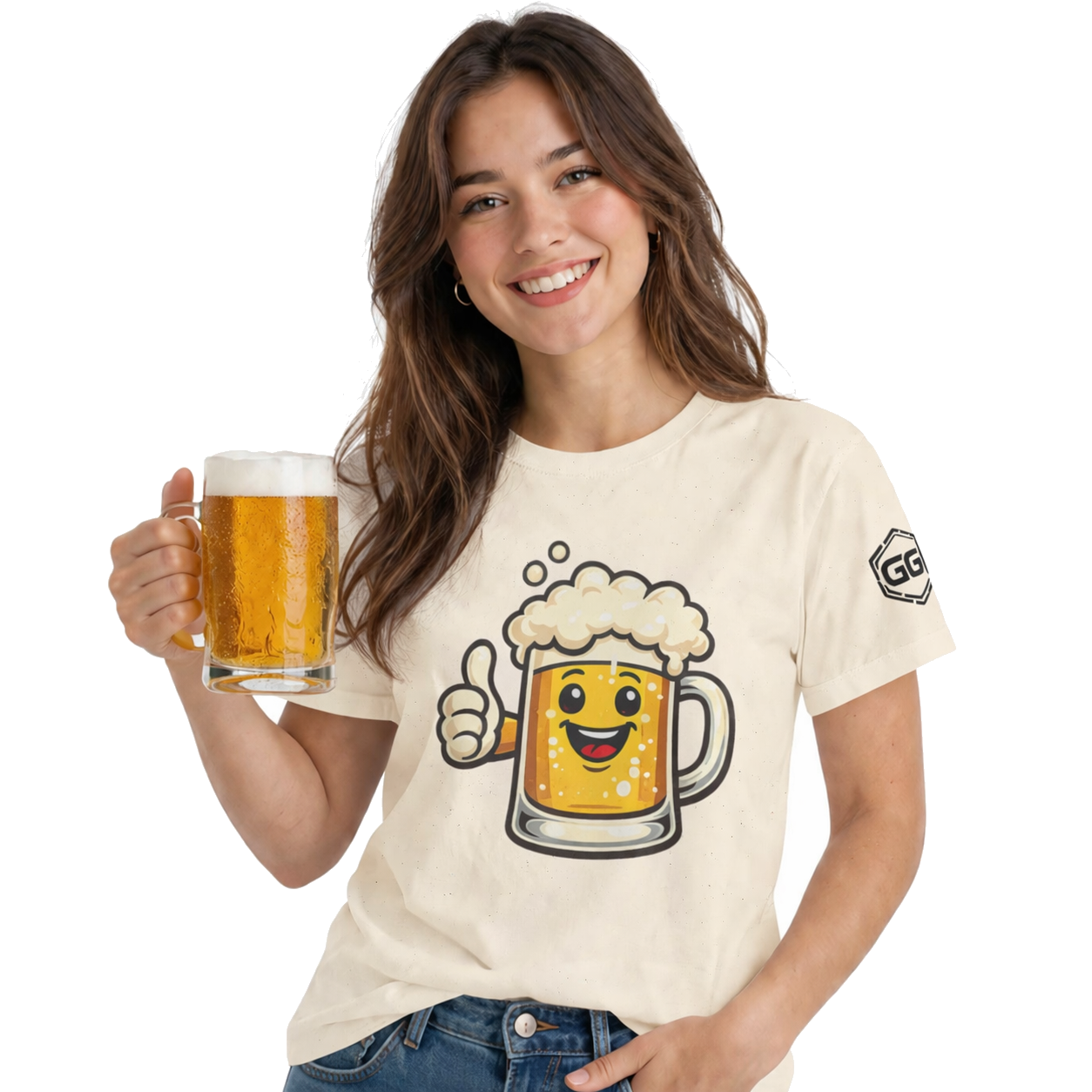 model:4:f | Lustiger Bierkrug – Unisex T-Shirt – Model photo in Natural – Woman