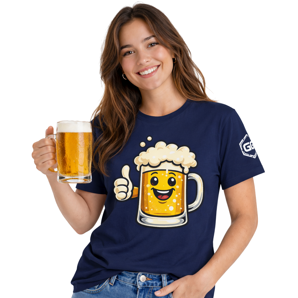 model:9:f | Lustiger Bierkrug – Unisex T-Shirt – Model photo in Navy – Woman