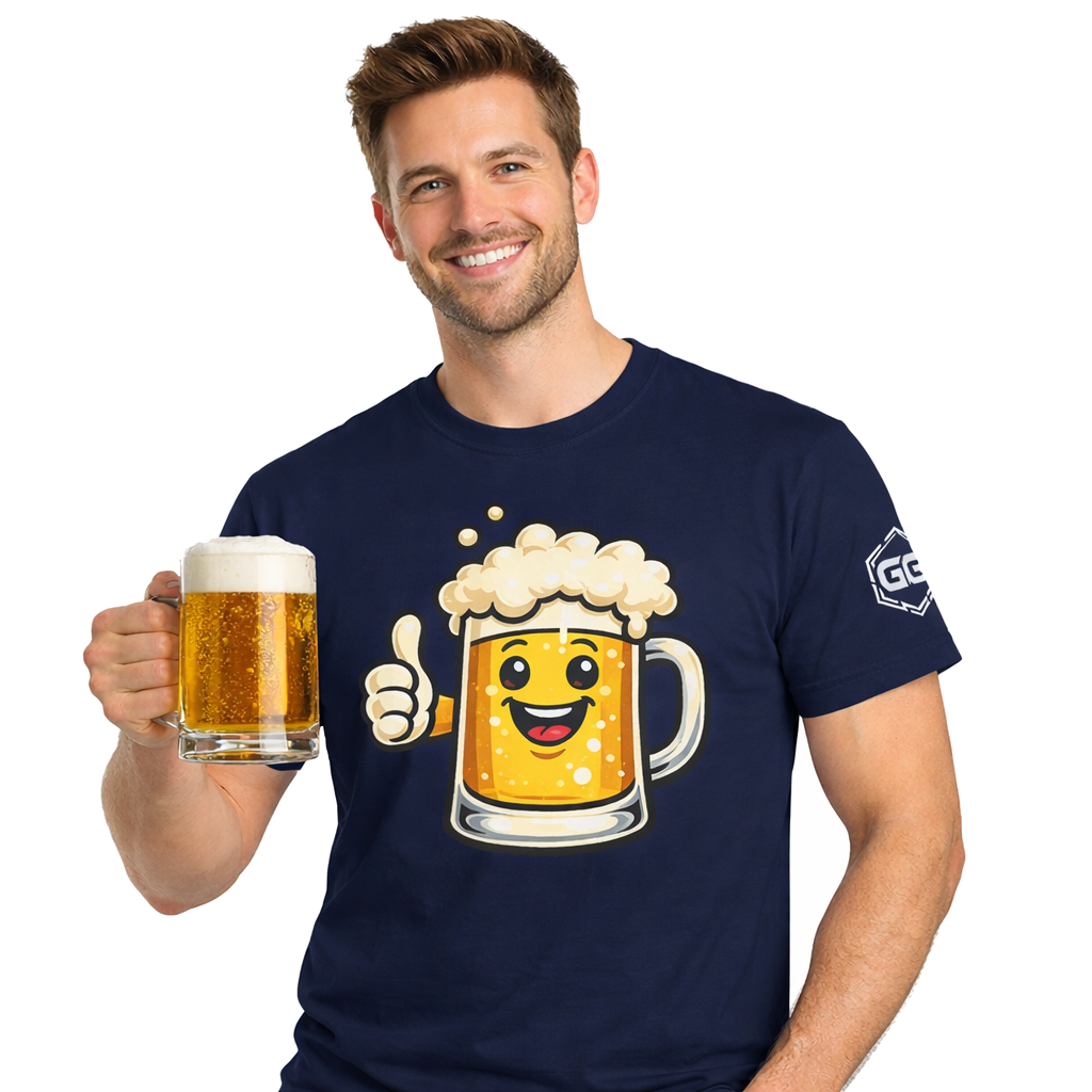 model:9:m | Lustiger Bierkrug – Unisex T-Shirt – Model photo in Navy – Man