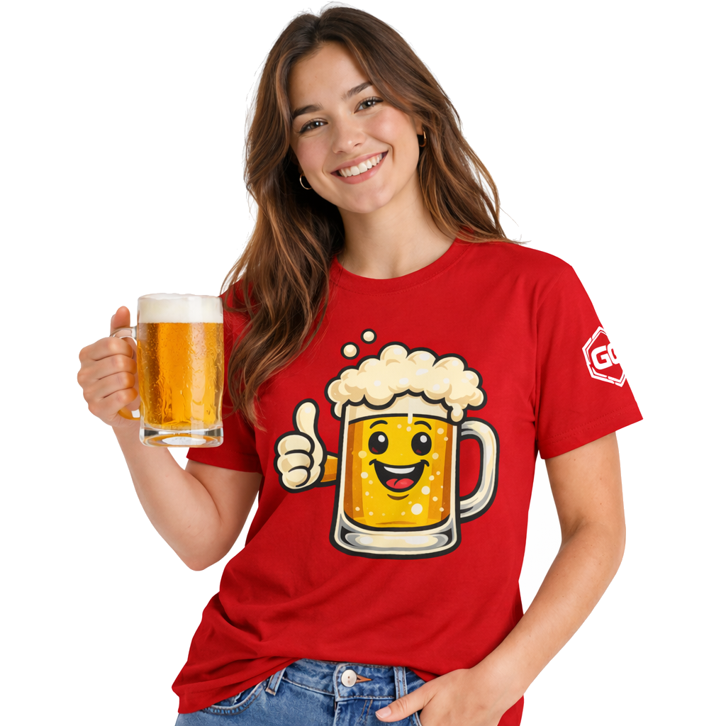 model:10:f | Lustiger Bierkrug – Unisex T-Shirt – Model photo in Red – Woman