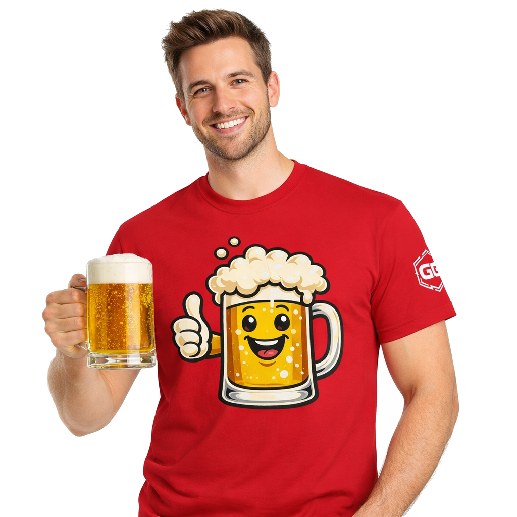 model:10:m | Lustiger Bierkrug – Unisex T-Shirt – Model photo in Red – Man