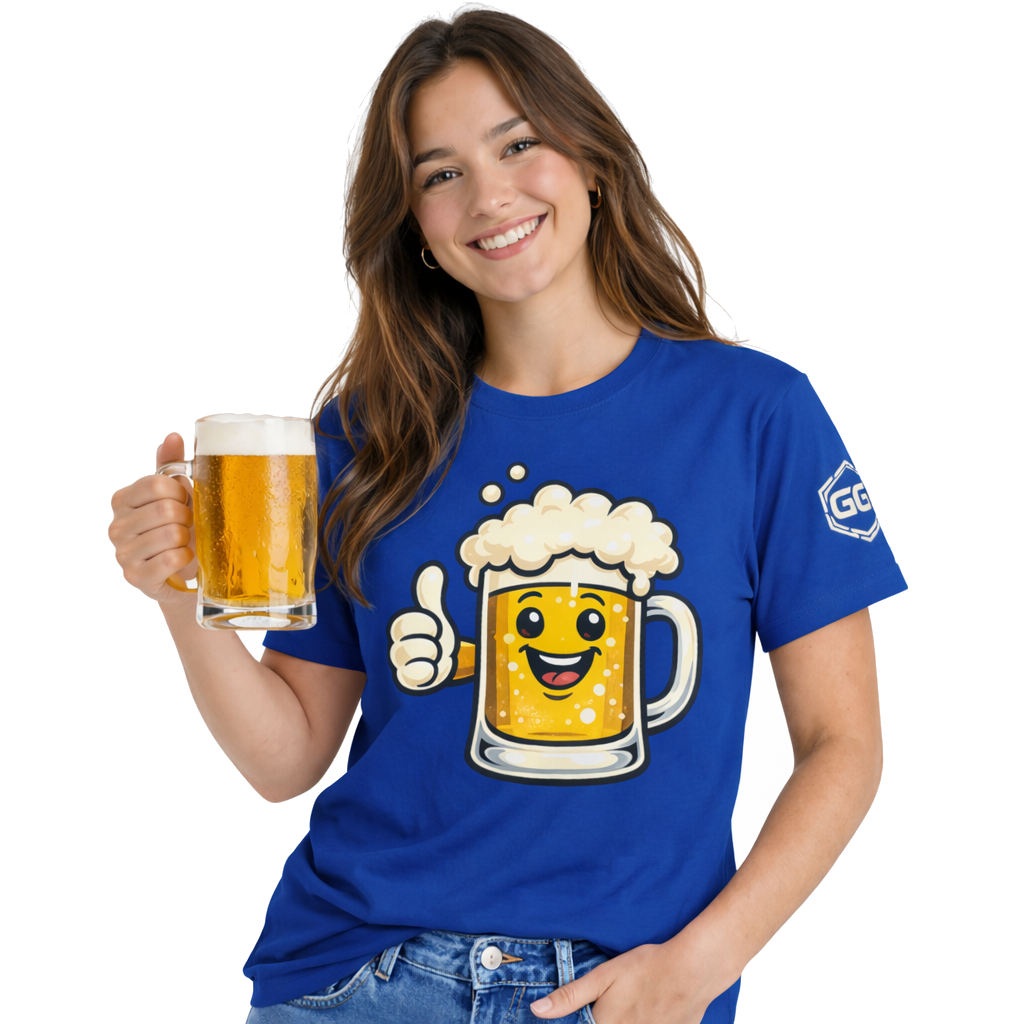 model:8:f | Lustiger Bierkrug – Unisex T-Shirt – Model photo in Royal – Woman