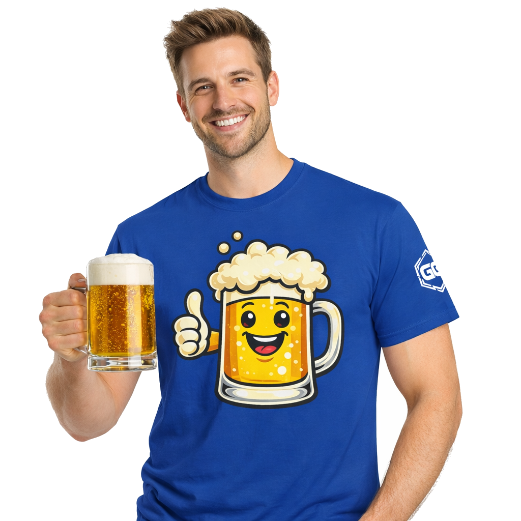 model:8:m | Lustiger Bierkrug – Unisex T-Shirt – Model photo in Royal – Man
