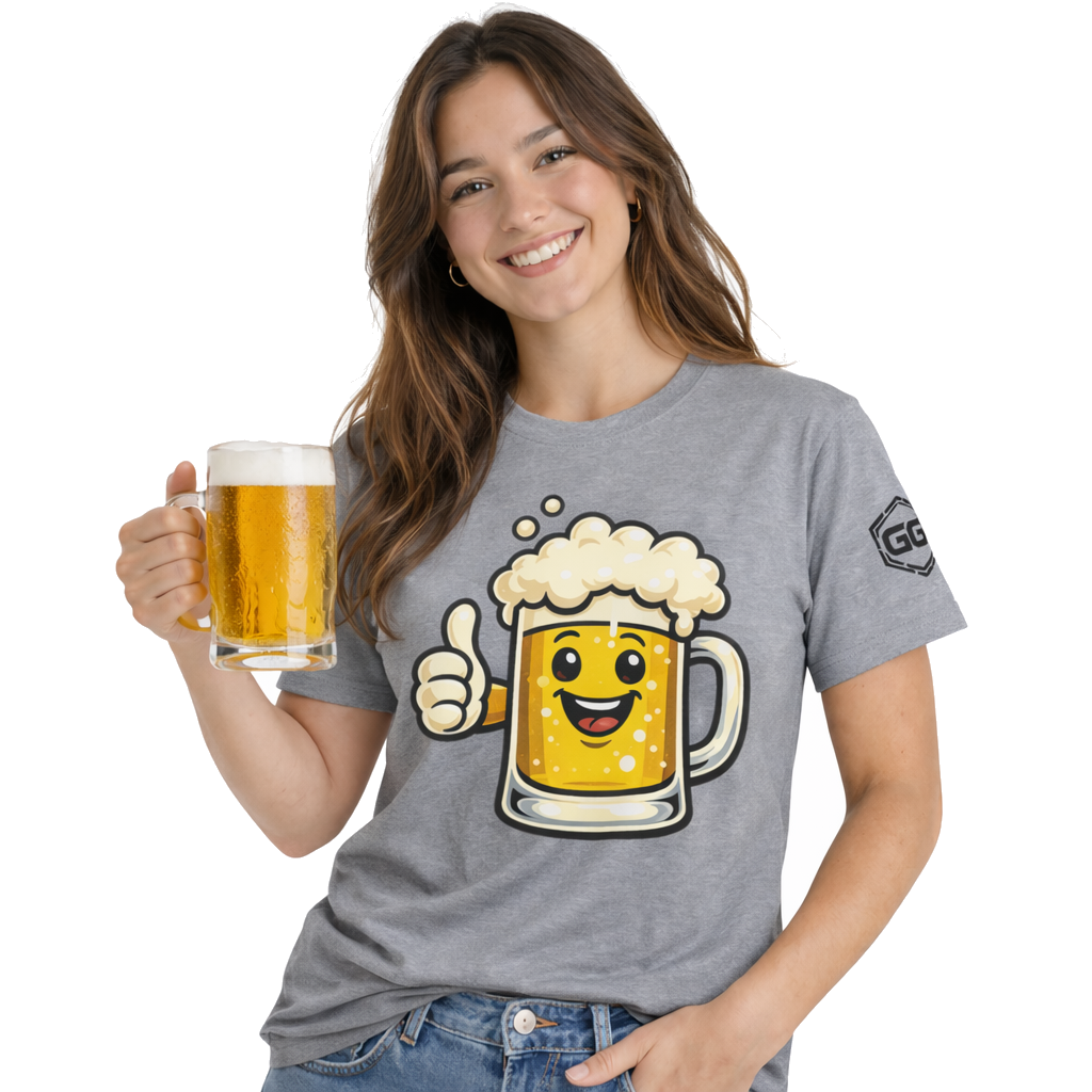 model:2:f | Lustiger Bierkrug – Unisex T-Shirt – Model photo in Sport Grey – Woman