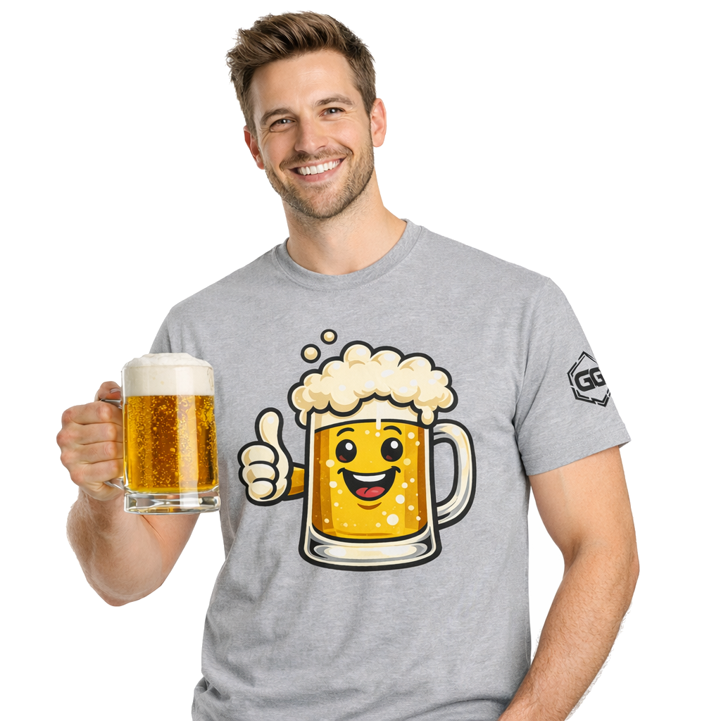 model:2:m | Lustiger Bierkrug – Unisex T-Shirt – Model photo in Sport Grey – Man