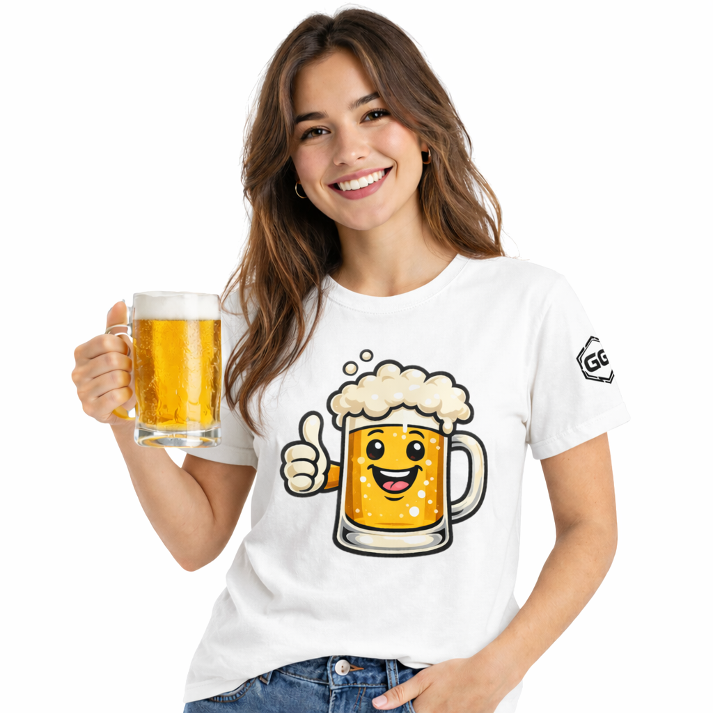 model:0:f | Lustiger Bierkrug – Unisex T-Shirt – Model photo in White – Woman