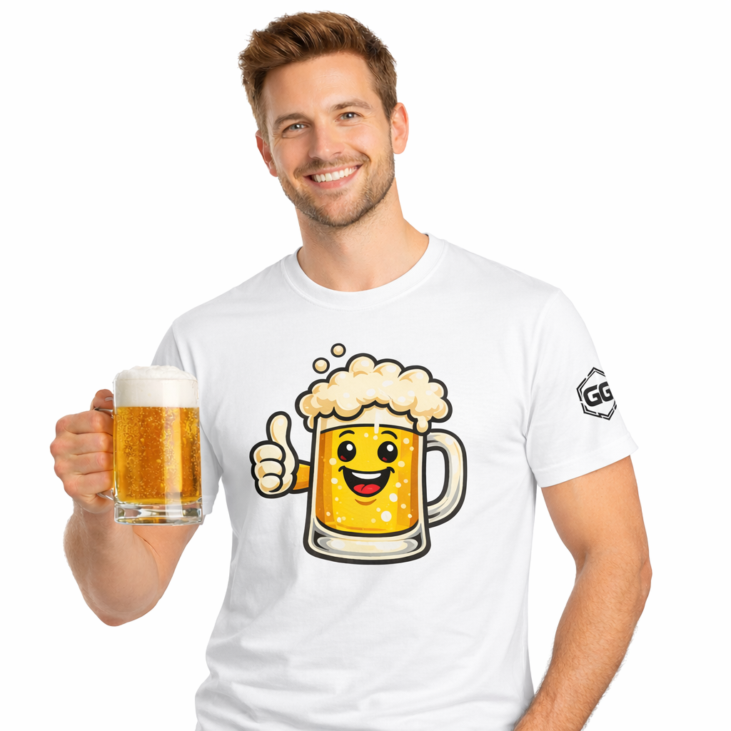 model:0:m | Lustiger Bierkrug – Unisex T-Shirt – Model photo in White – Man