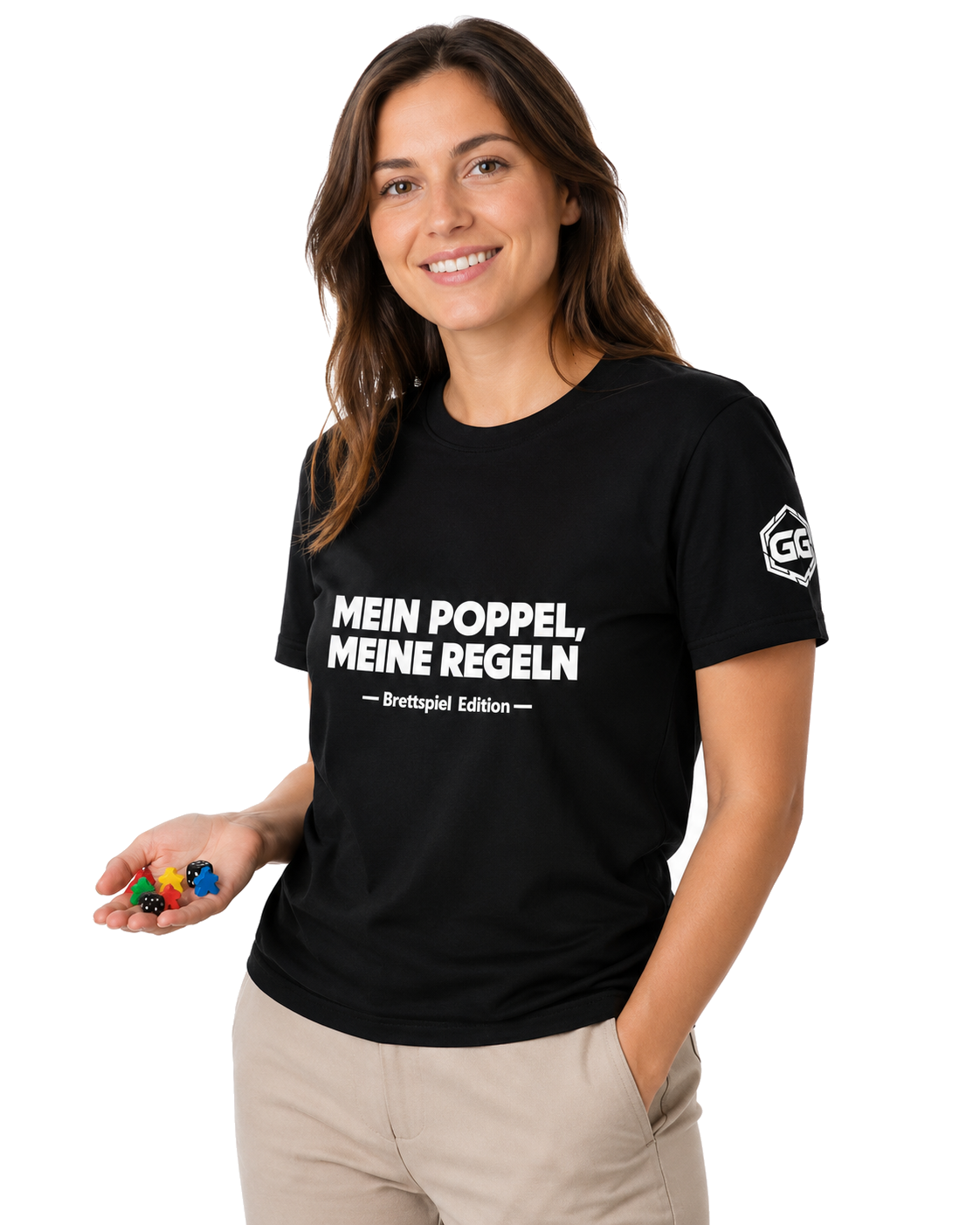 model:1:f | My Meeple, My Rules T-Shirt — Board Game Edition – Model photo in Black – Woman
