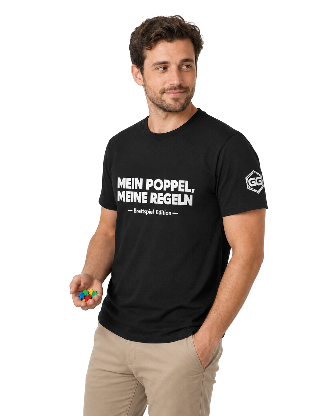 model:1:m | My Meeple, My Rules T-Shirt — Board Game Edition – Model photo in Black – Man