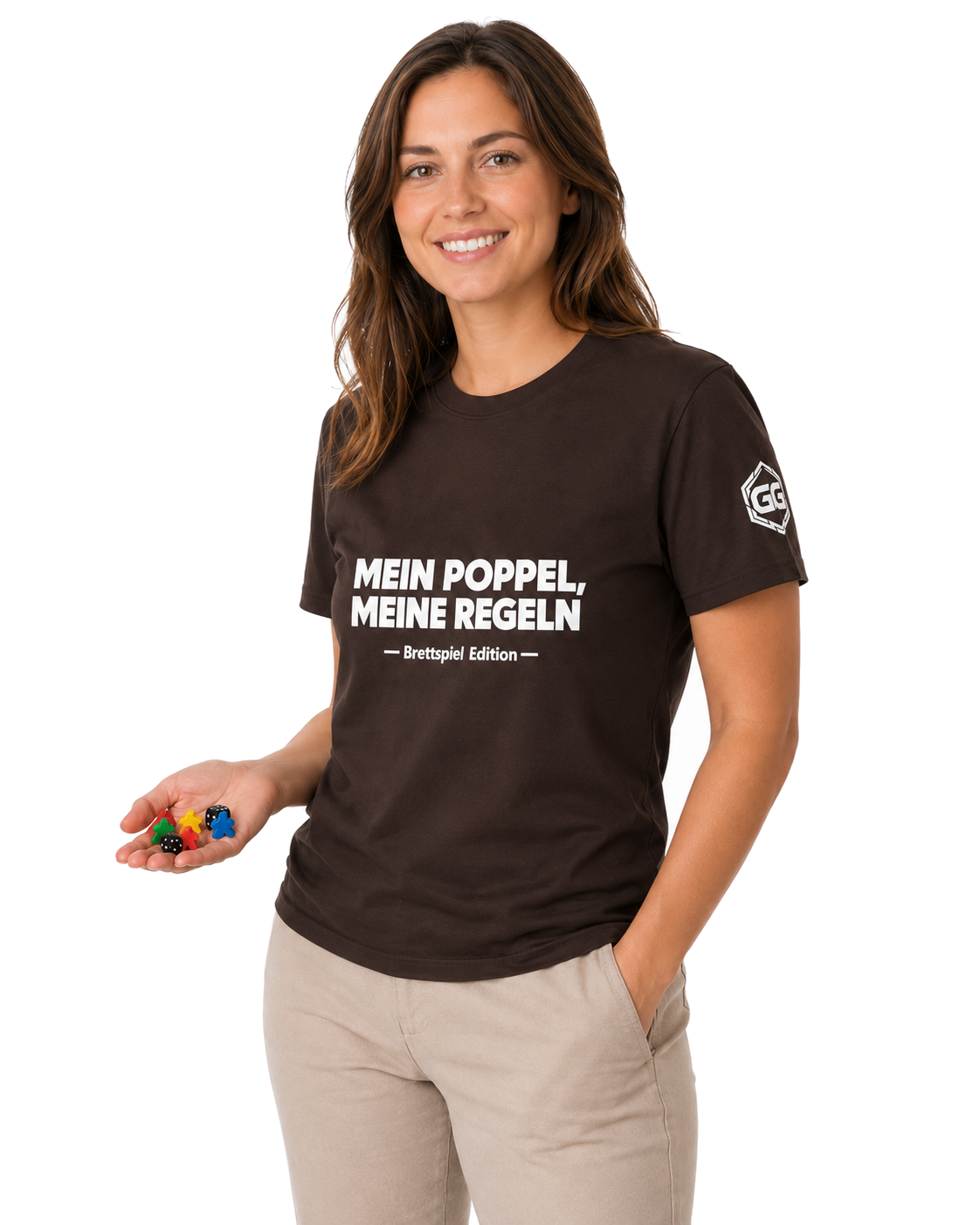 model:3:f | My Meeple, My Rules T-Shirt — Board Game Edition – Model photo in Dark Chocolate – Woman
