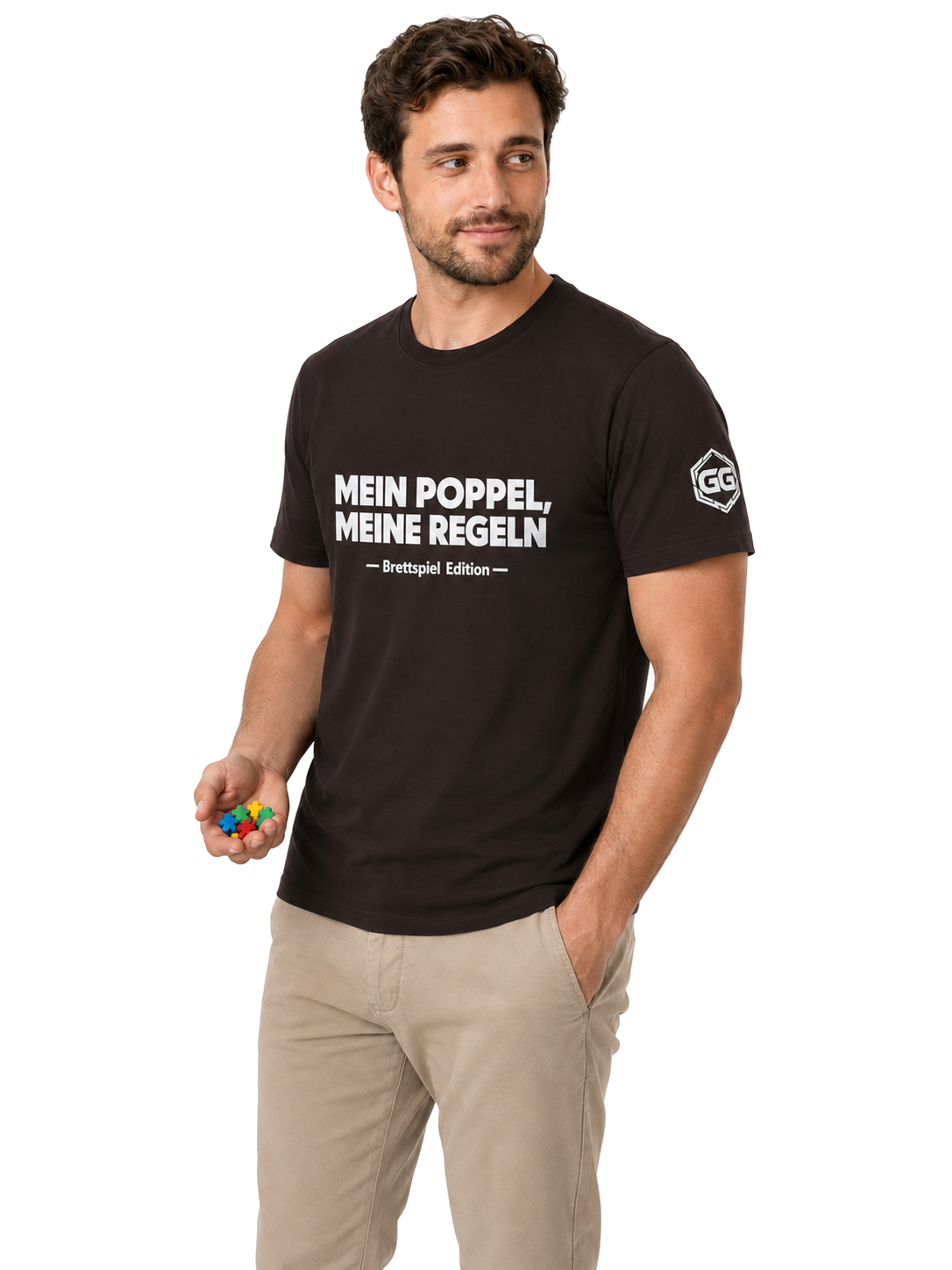 model:3:m | My Meeple, My Rules T-Shirt — Board Game Edition – Model photo in Dark Chocolate – Man