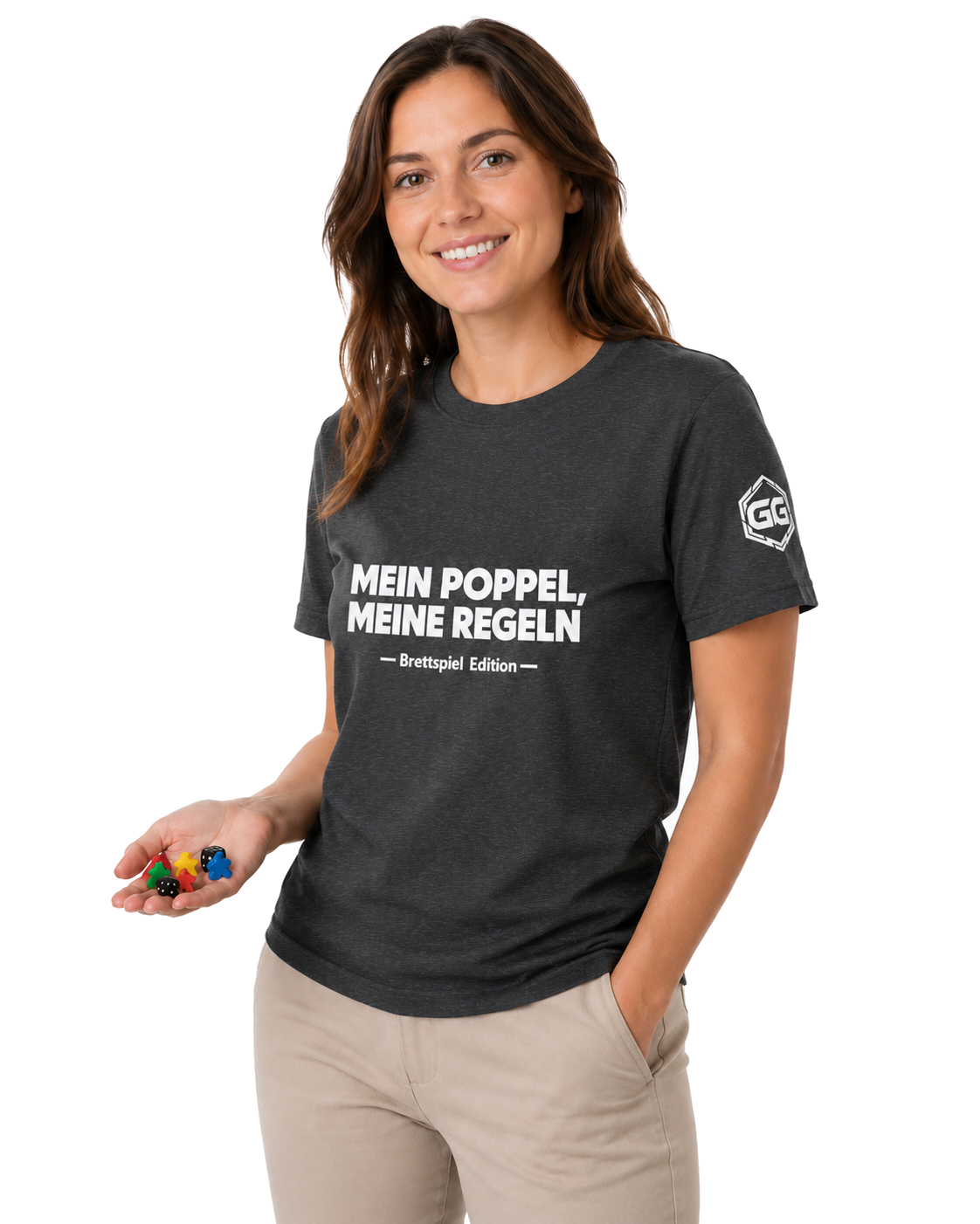 model:6:f | My Meeple, My Rules T-Shirt — Board Game Edition – Model photo in Dark Heather – Woman