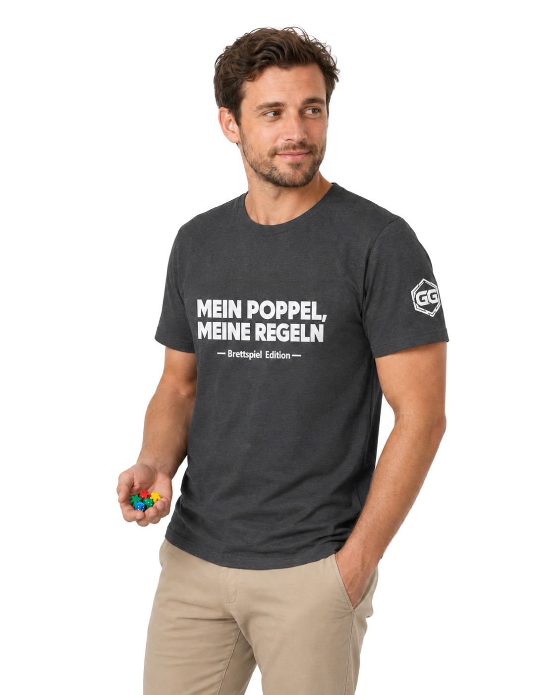 model:6:m | My Meeple, My Rules T-Shirt — Board Game Edition – Model photo in Dark Heather – Man