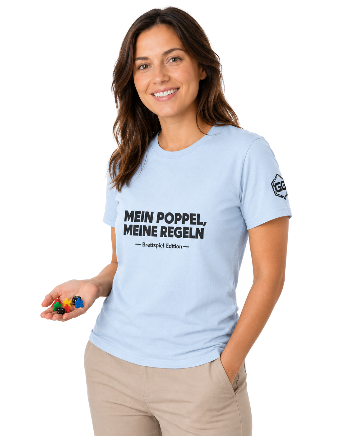 model:7:f | My Meeple, My Rules T-Shirt — Board Game Edition – Model photo in Light Blue – Woman
