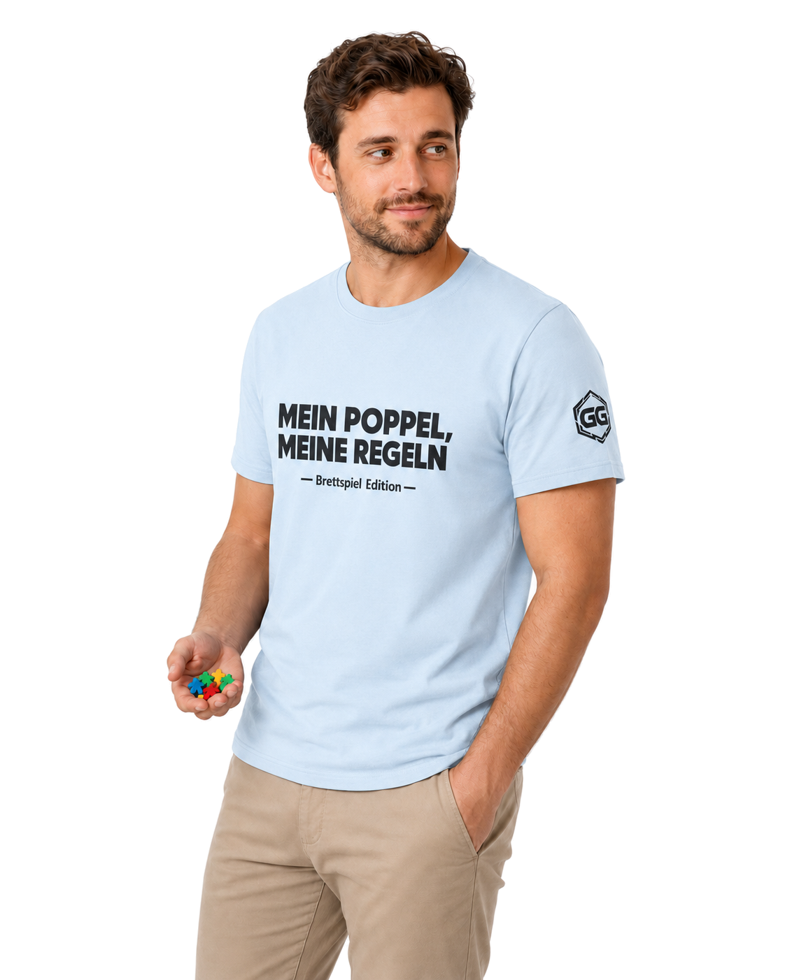 model:7:m | My Meeple, My Rules T-Shirt — Board Game Edition – Model photo in Light Blue – Man