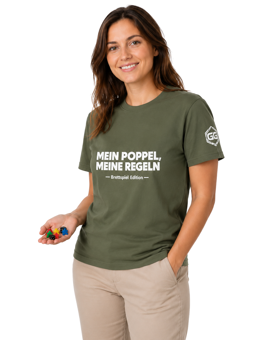 model:5:f | My Meeple, My Rules T-Shirt — Board Game Edition – Model photo in Military Green – Woman