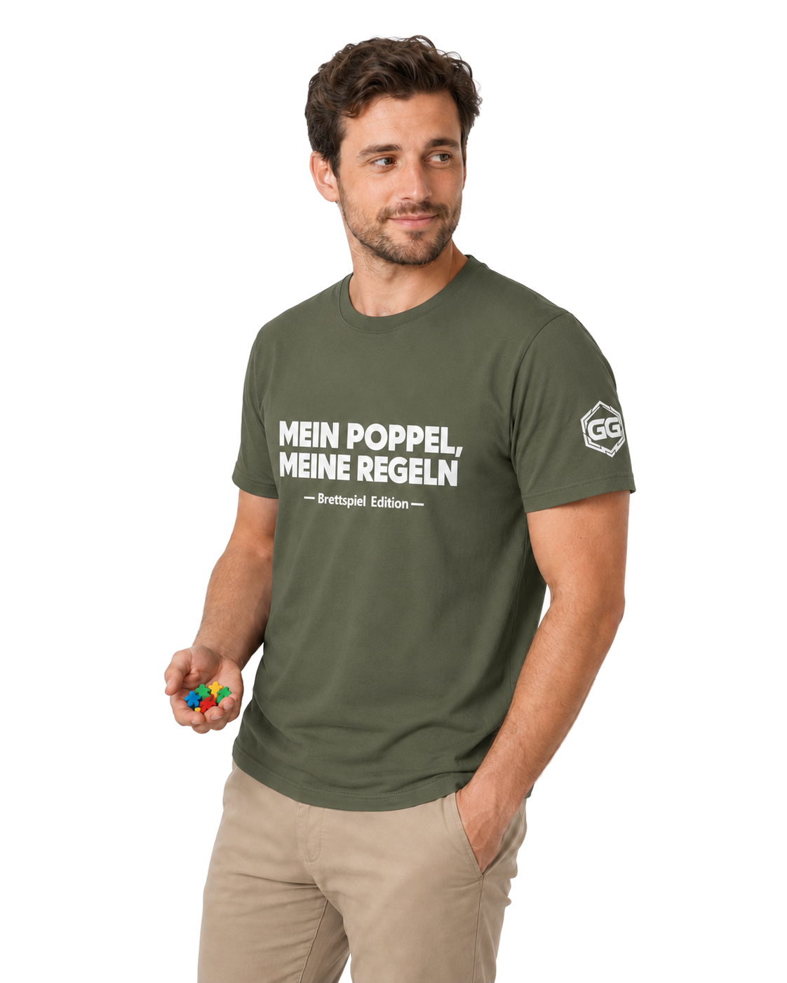 model:5:m | My Meeple, My Rules T-Shirt — Board Game Edition – Model photo in Military Green – Man