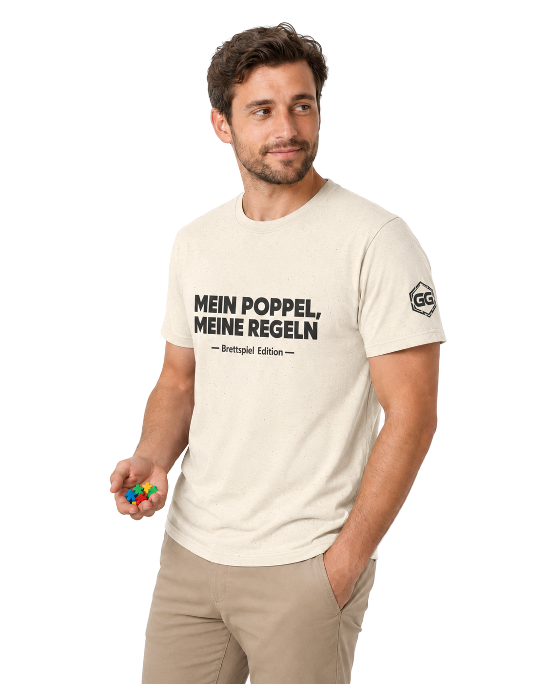model:4:m | My Meeple, My Rules T-Shirt — Board Game Edition – Model photo in Natural – Man