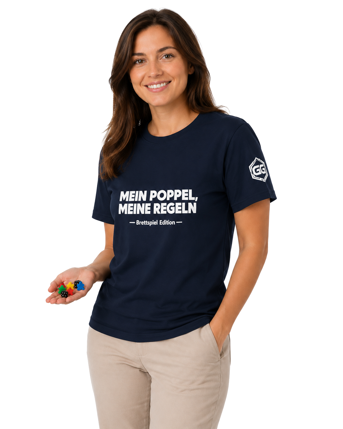 model:9:f | My Meeple, My Rules T-Shirt — Board Game Edition – Model photo in Navy – Woman