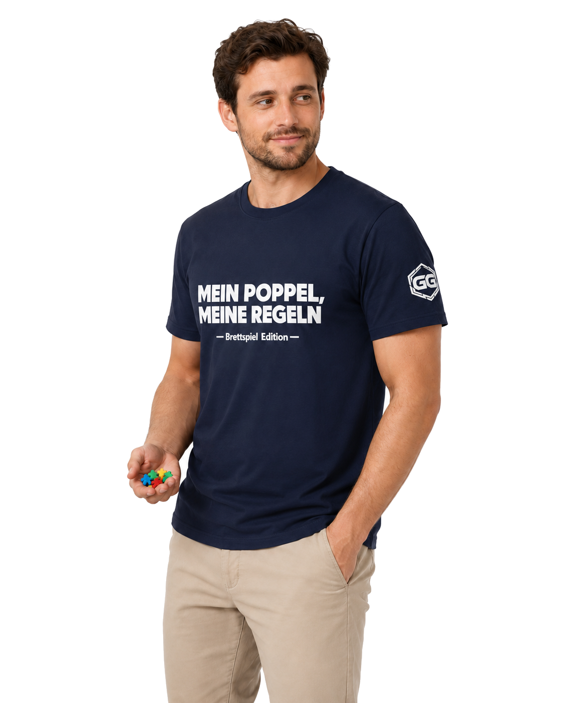 model:9:m | My Meeple, My Rules T-Shirt — Board Game Edition – Model photo in Navy – Man