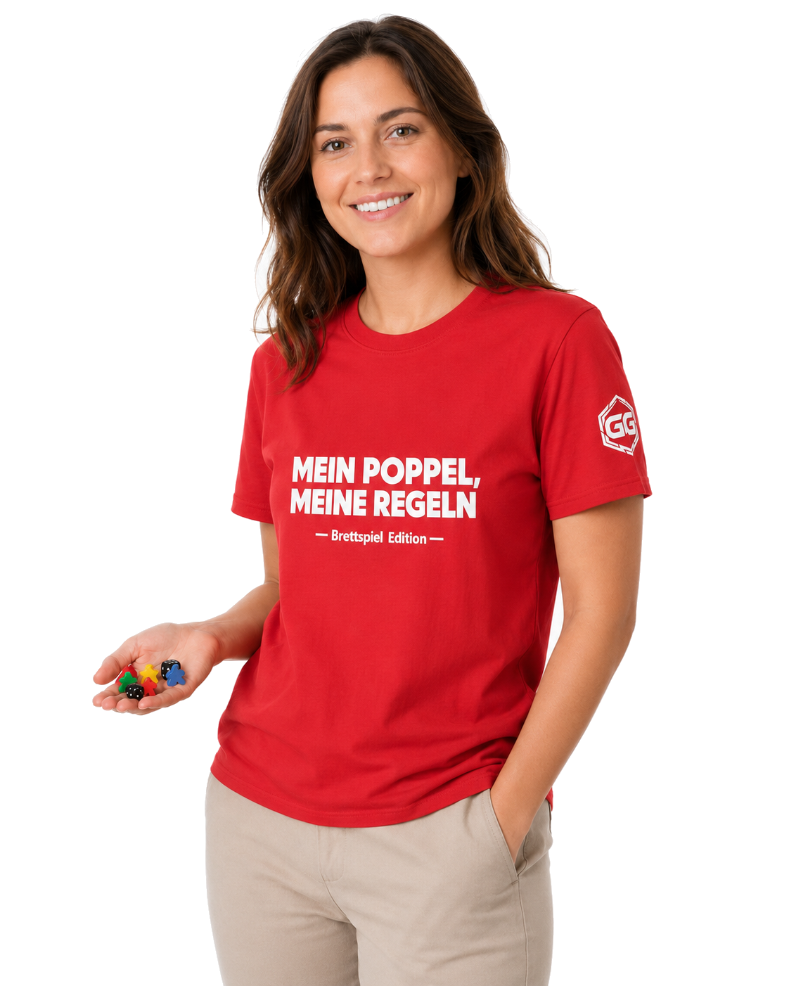 model:10:f | My Meeple, My Rules T-Shirt — Board Game Edition – Model photo in Red – Woman