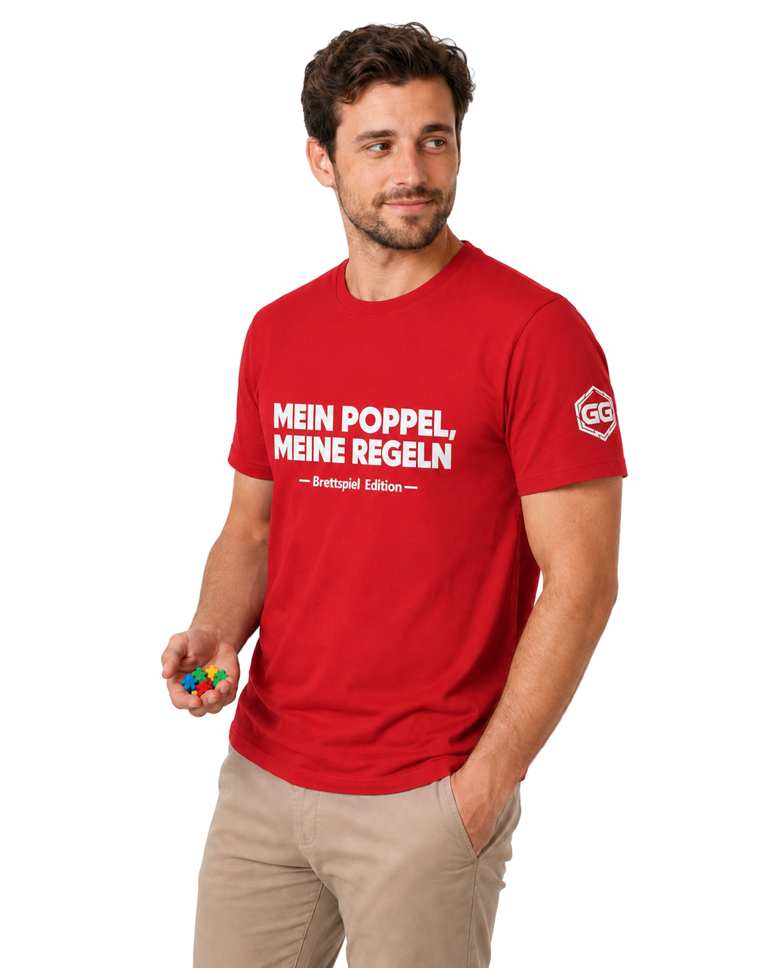 model:10:m | My Meeple, My Rules T-Shirt — Board Game Edition – Model photo in Red – Man