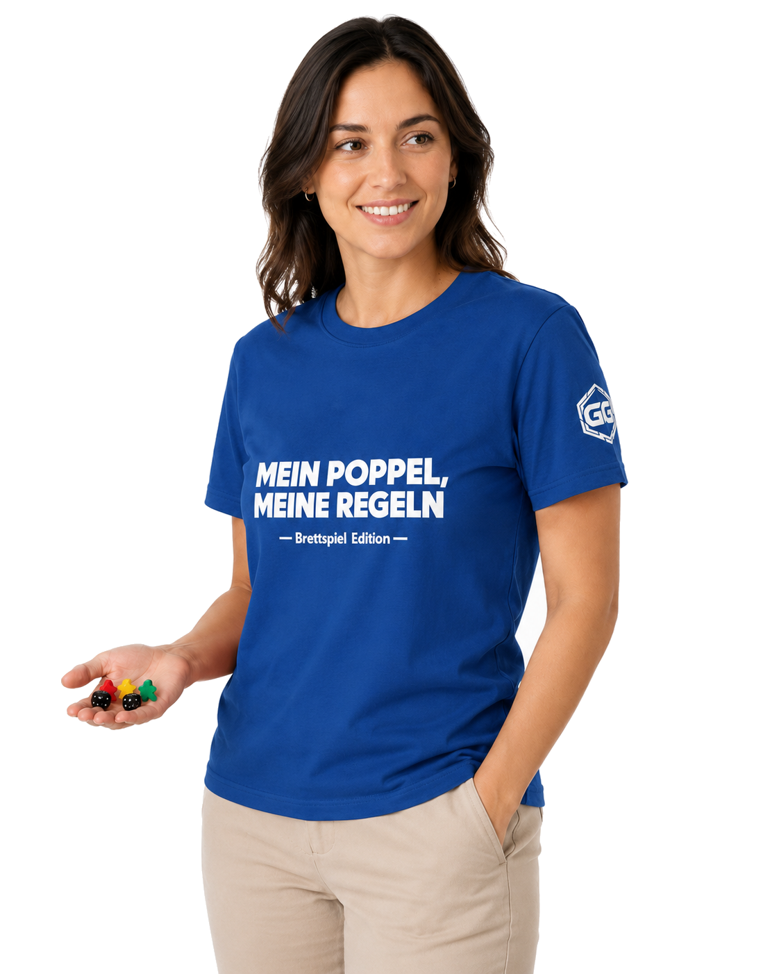 model:8:f | My Meeple, My Rules T-Shirt — Board Game Edition – Model photo in Royal – Woman