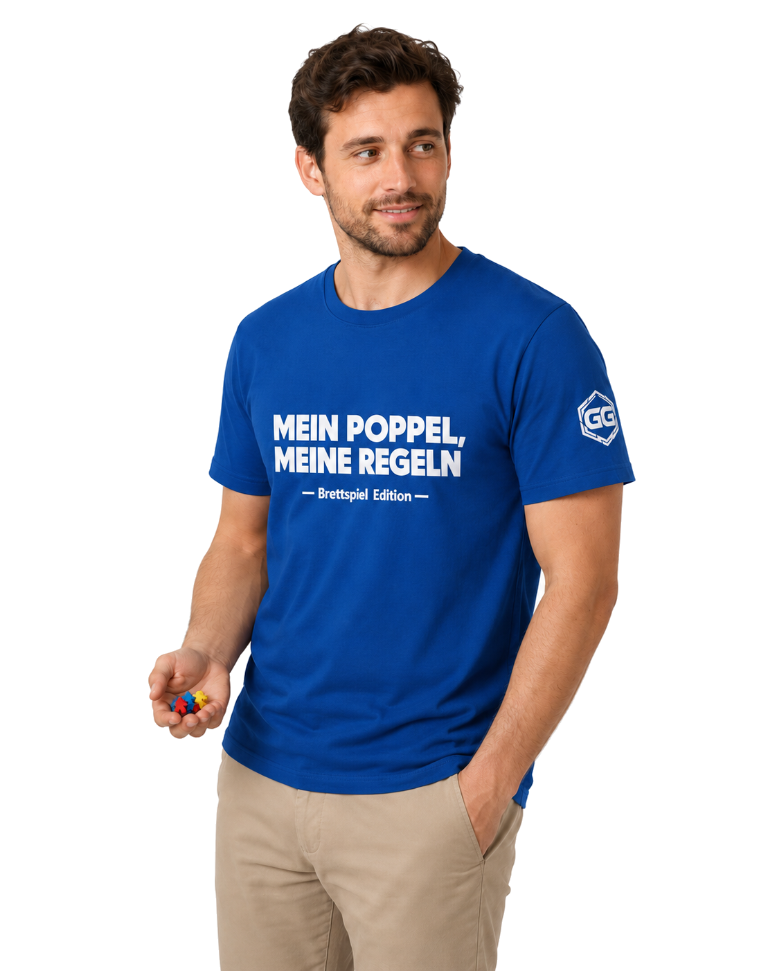 model:8:m | My Meeple, My Rules T-Shirt — Board Game Edition – Model photo in Royal – Man