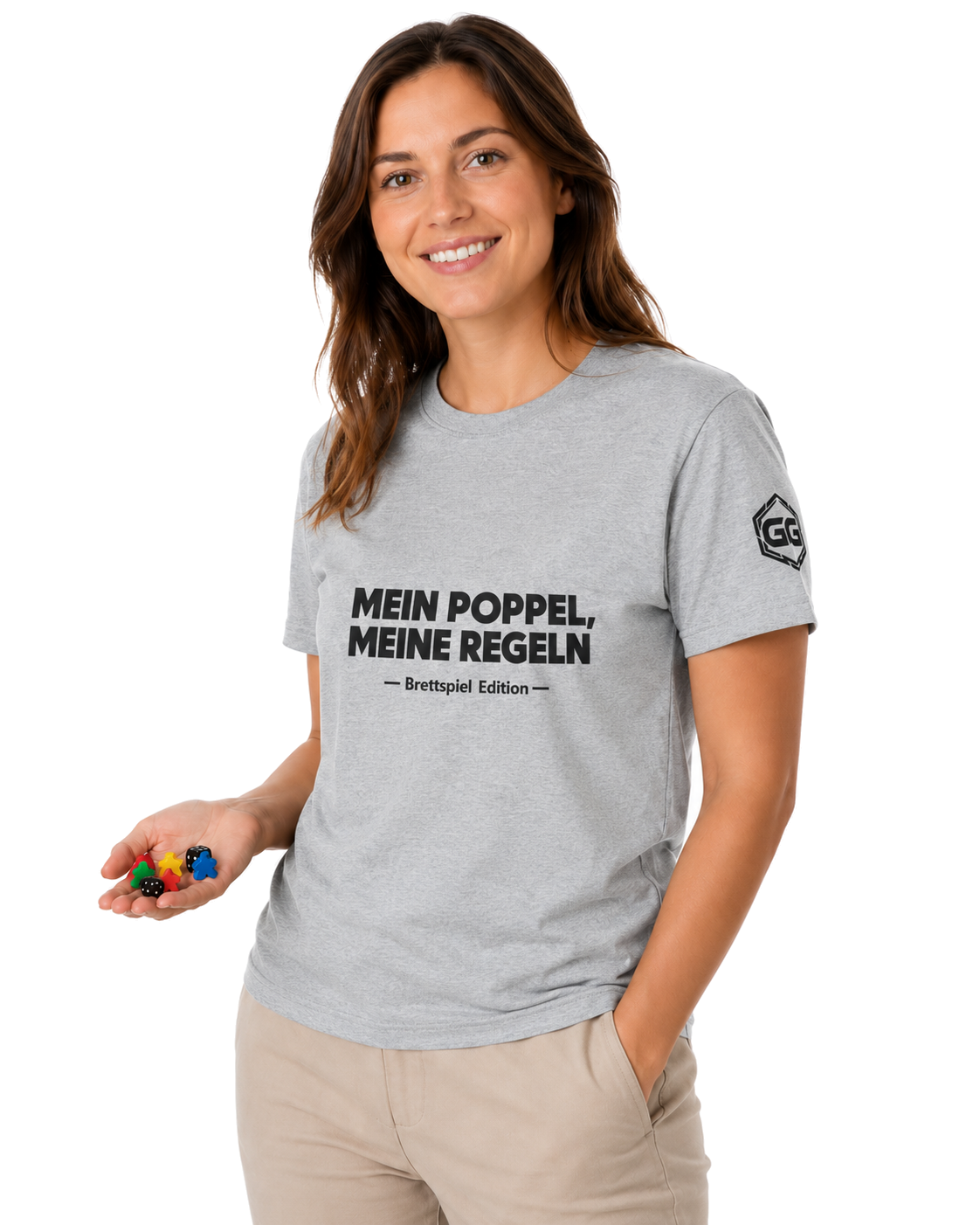 model:2:f | My Meeple, My Rules T-Shirt — Board Game Edition – Model photo in Sport Grey – Woman