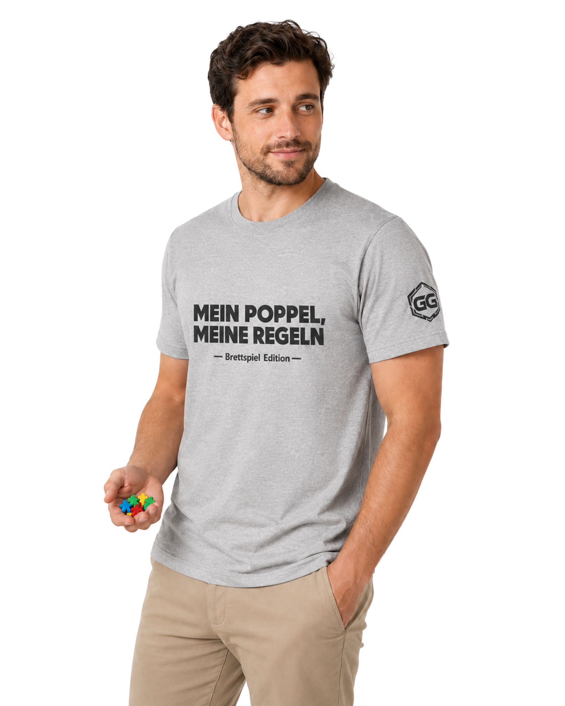 model:2:m | My Meeple, My Rules T-Shirt — Board Game Edition – Model photo in Sport Grey – Man