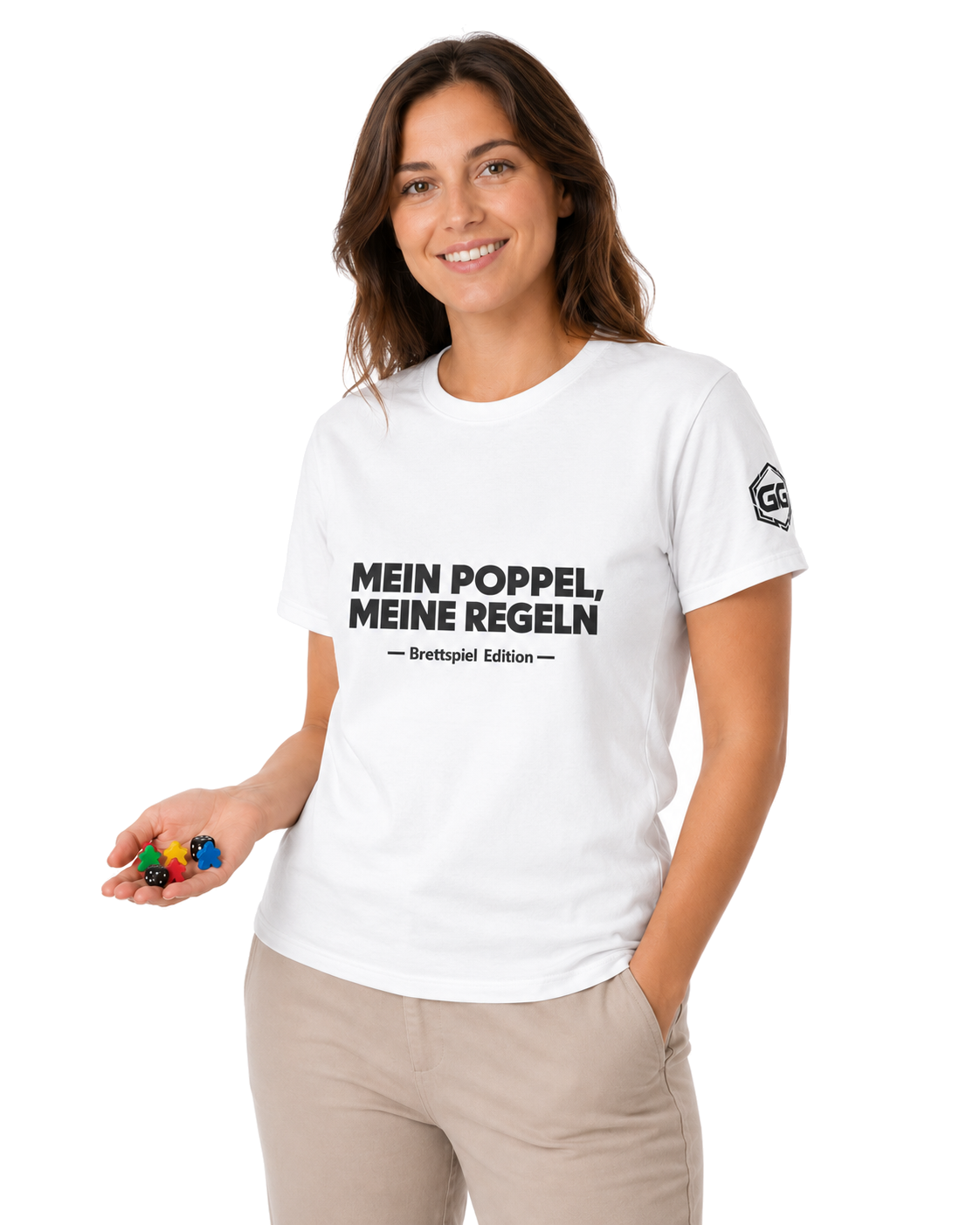 model:0:f | My Meeple, My Rules T-Shirt — Board Game Edition – Model photo in White – Woman