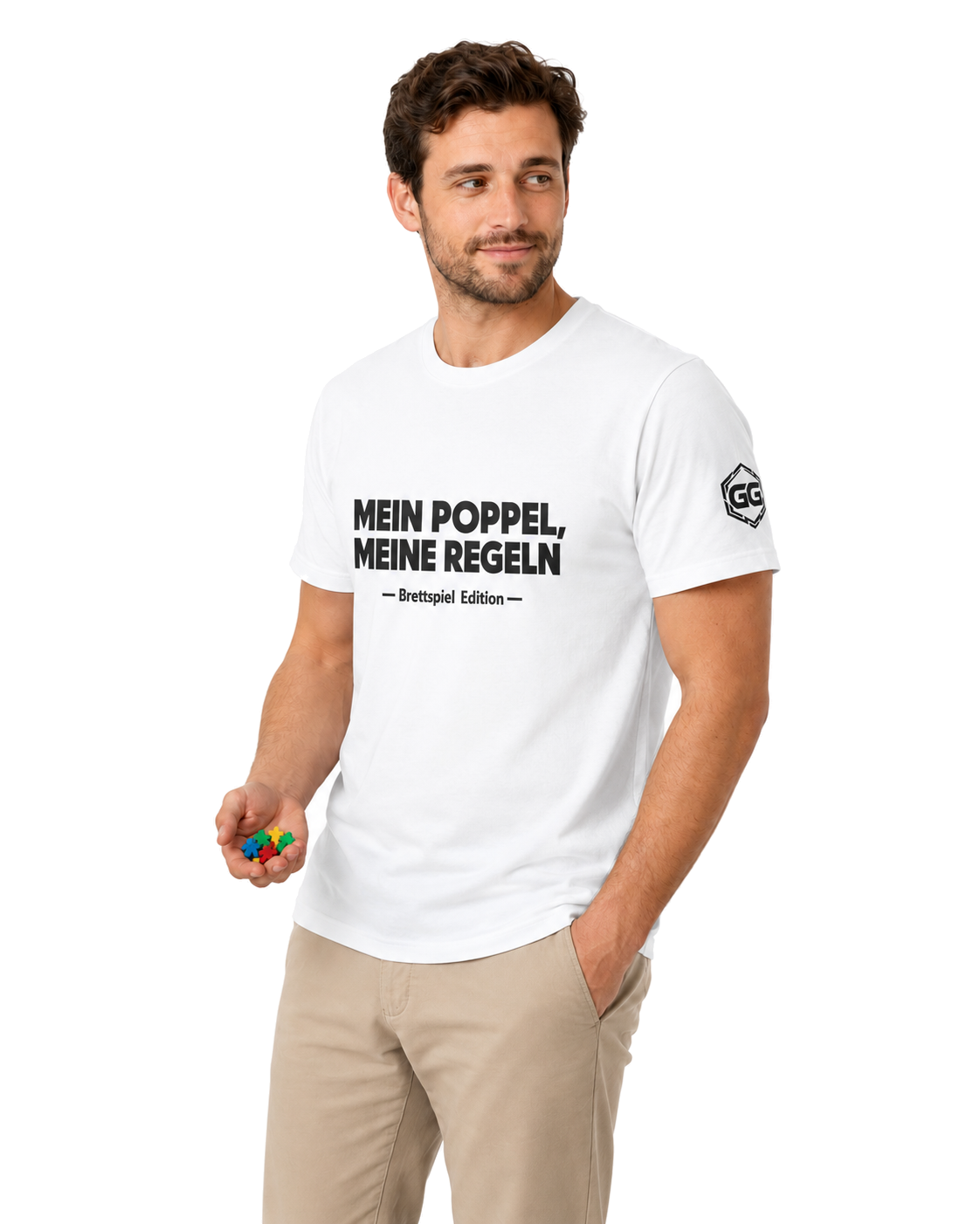 model:0:m | My Meeple, My Rules T-Shirt — Board Game Edition – Model photo in White – Man