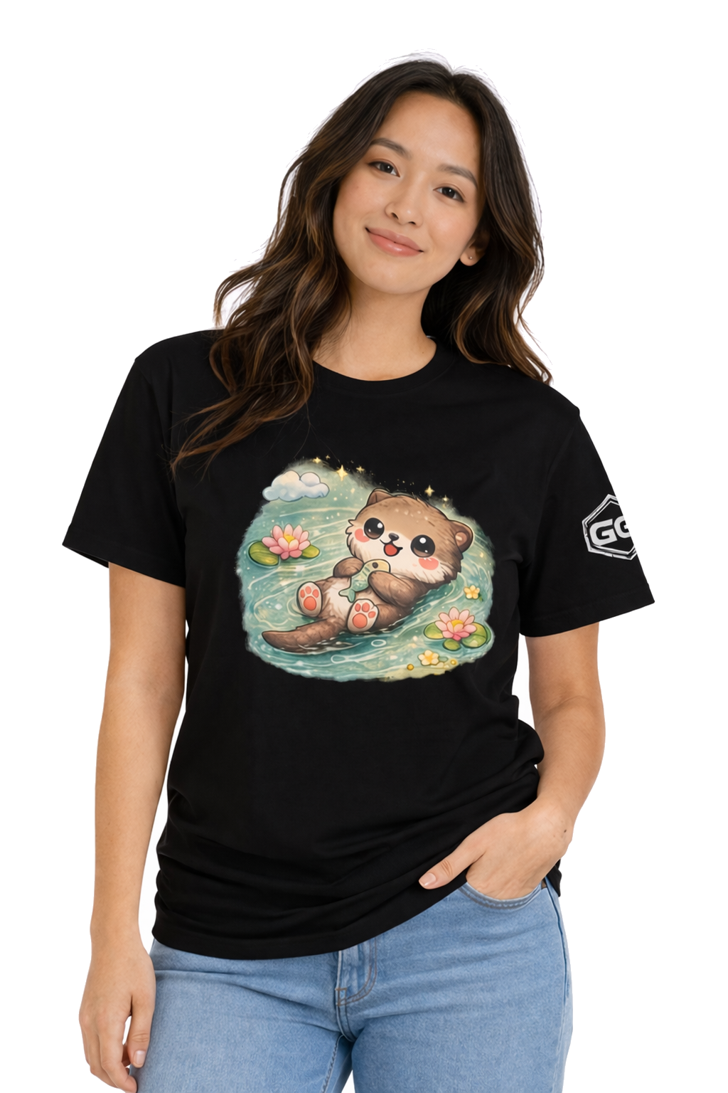 model:1:f | Otter in the River T-Shirt – Modelfoto in Schwarz – Frau