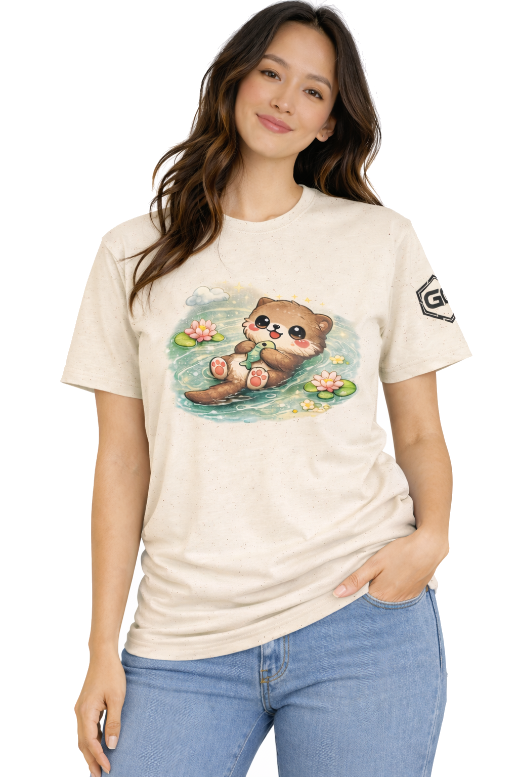 model:4:f | Otter in the River T-Shirt – Modelfoto in Natur – Frau