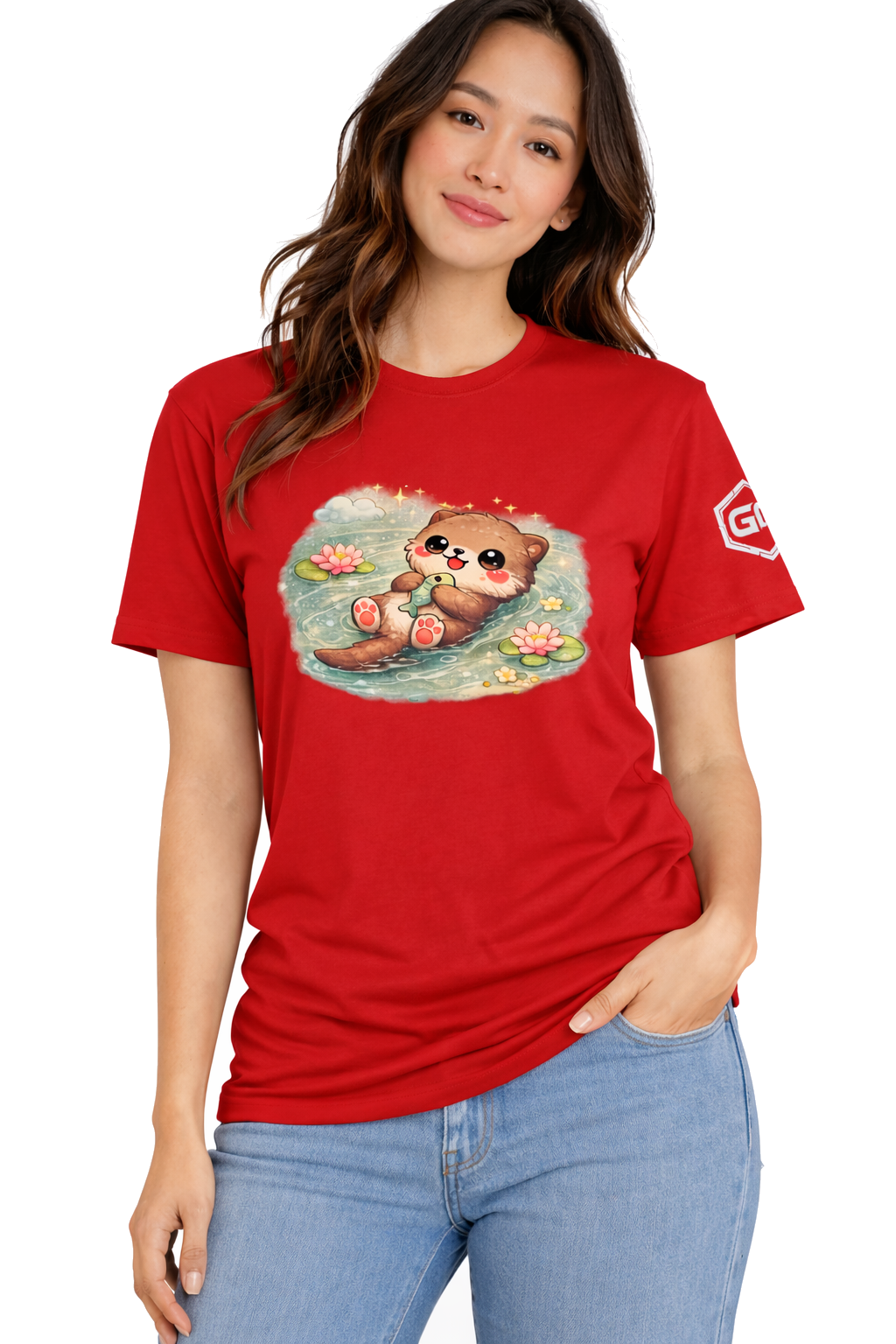 model:10:f | Otter in the River T-Shirt – Modelfoto in Rot – Frau