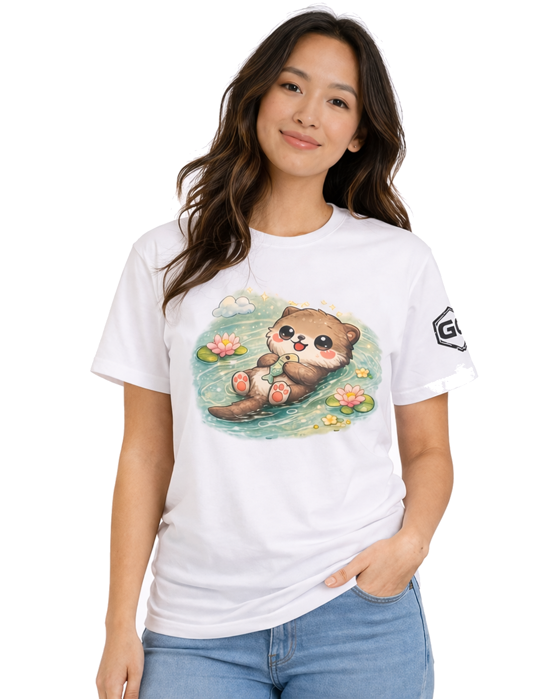 model:0:f | Otter in the River T-Shirt – Modelfoto in Weiß – Frau