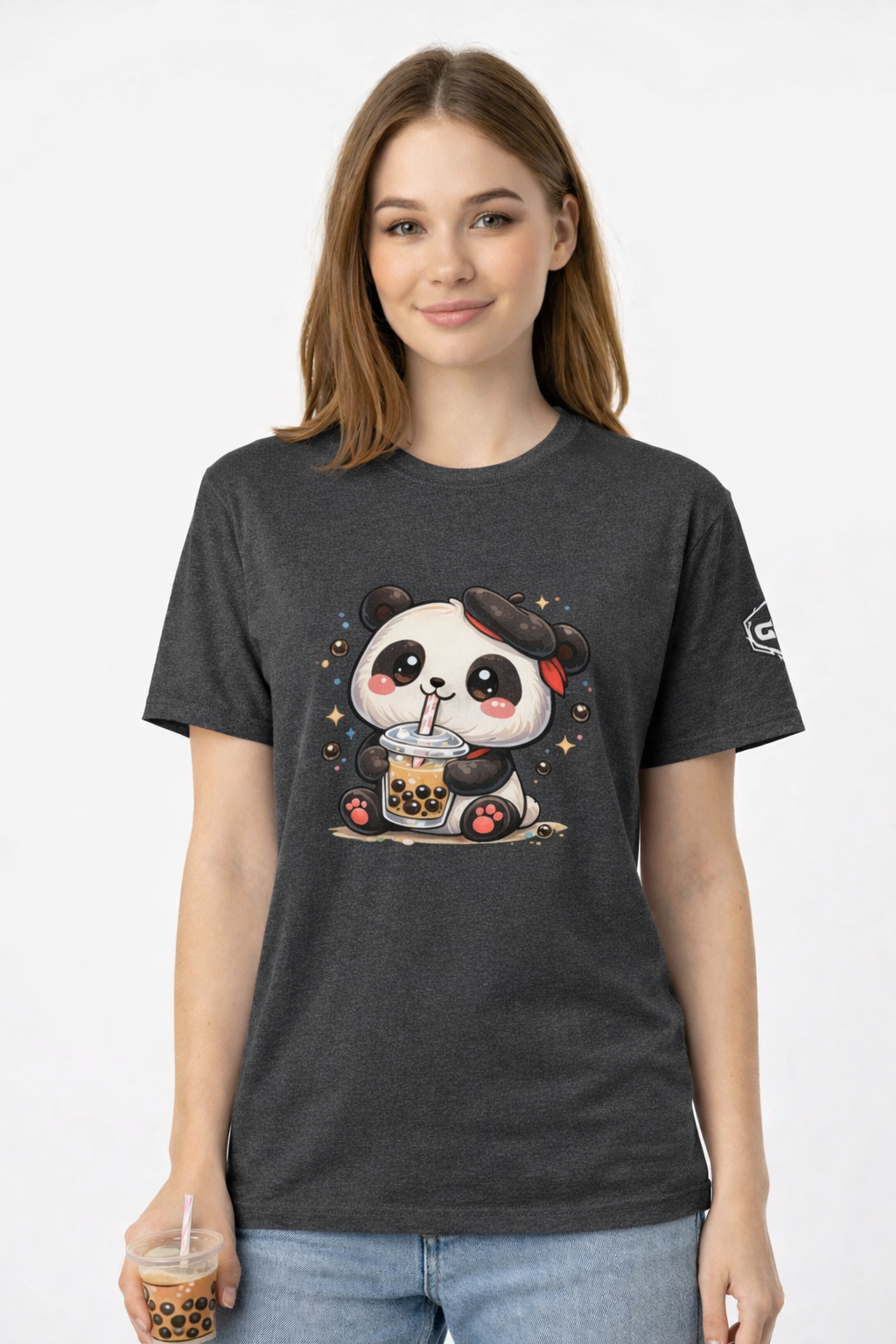 model:6:f | Panda & Bubble Tea T-Shirt – Modelfoto in Dunkelmeliert – Frau