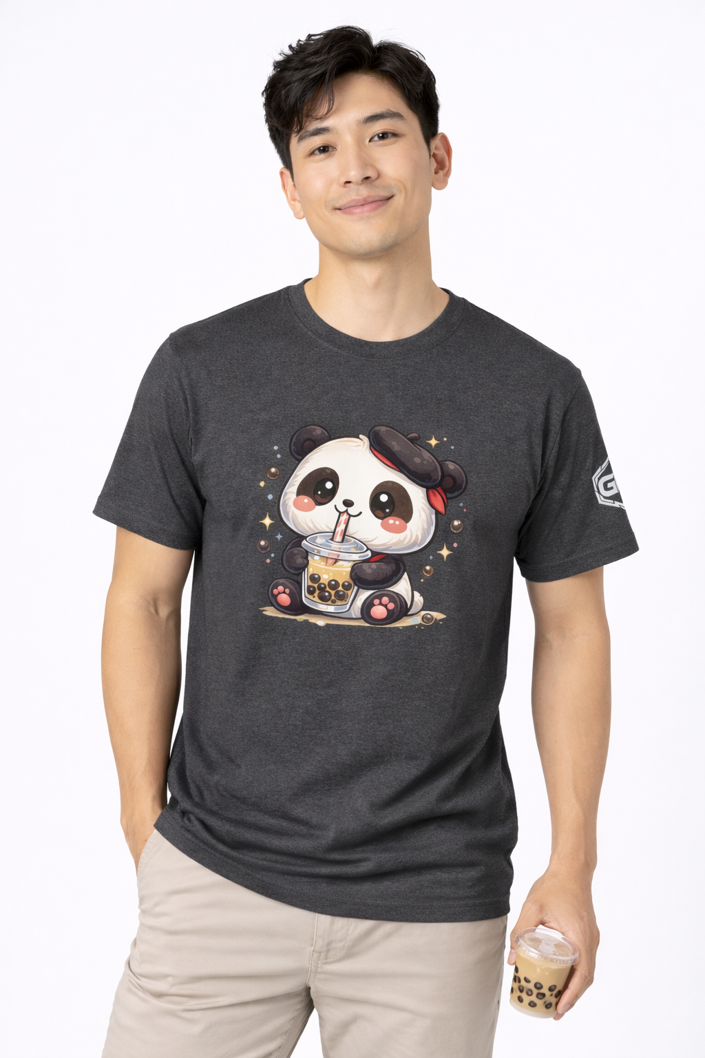 model:6:m | Panda & Bubble Tea T-Shirt – Modelfoto in Dunkelmeliert – Mann