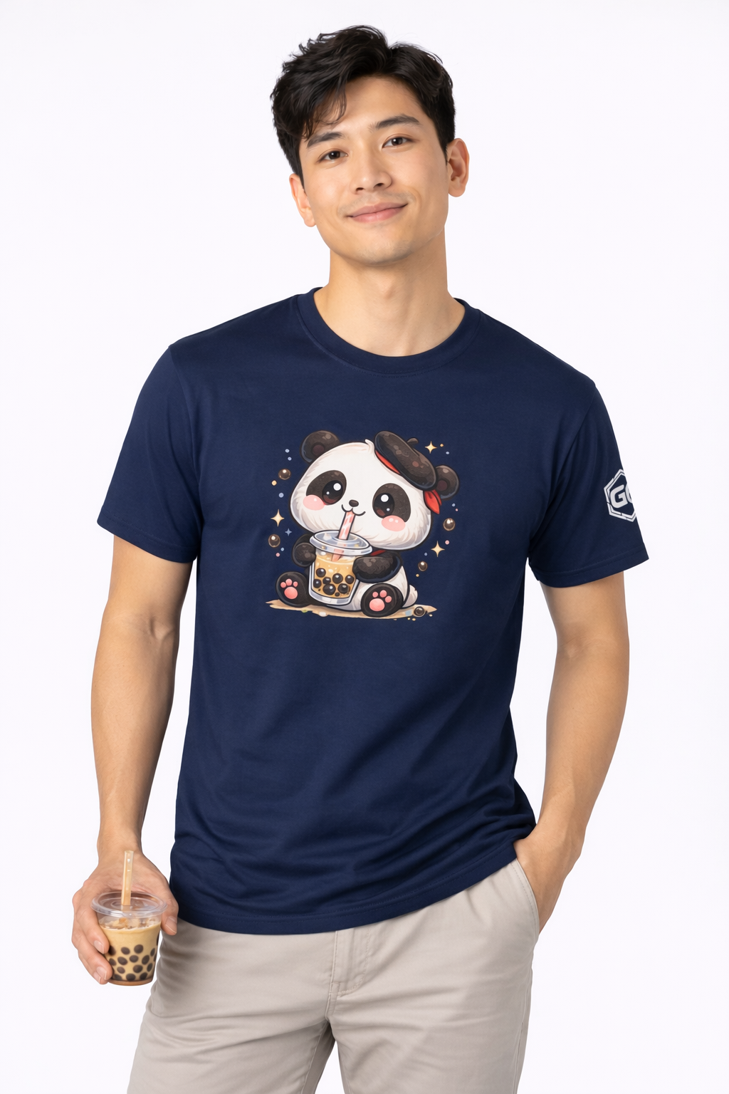 model:9:m | Panda & Bubble Tea T-Shirt – Modelfoto in Navy – Mann
