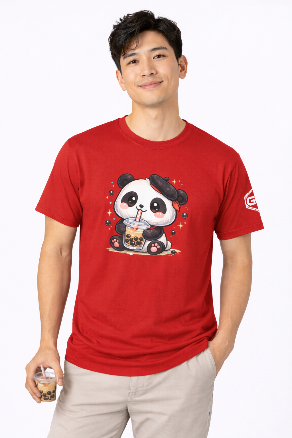 model:10:m | Panda & Bubble Tea T-Shirt – Modelfoto in Rot – Mann
