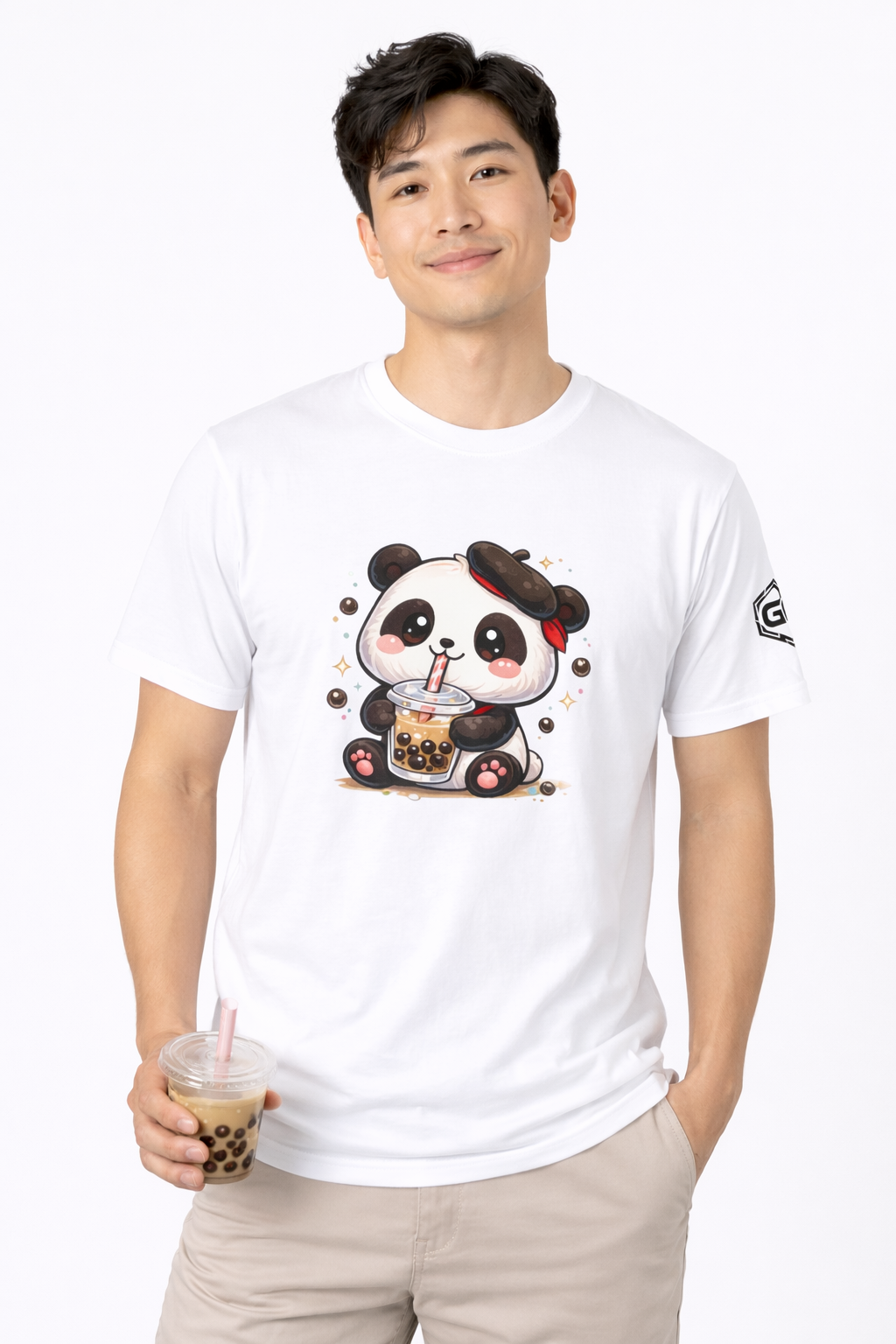 model:0:m | Panda & Bubble Tea T-Shirt – Modelfoto in Weiß – Mann