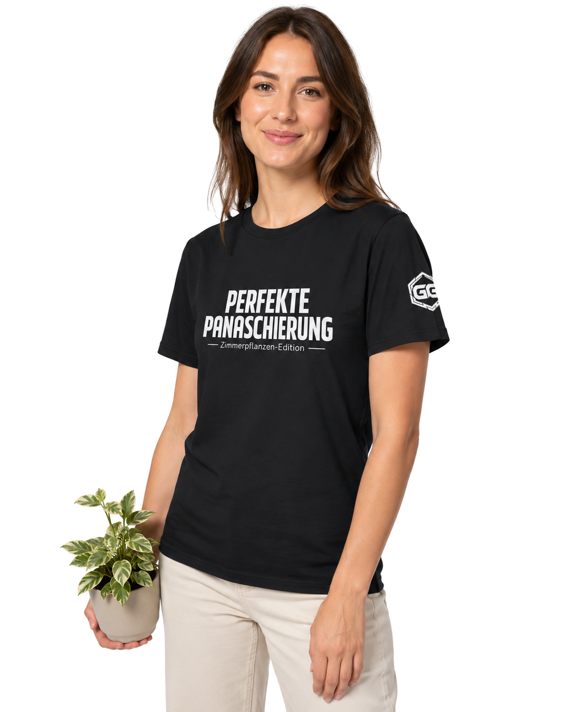 model:1:f | Perfect Variegation – Houseplant T-Shirt – Model photo in Black – Woman