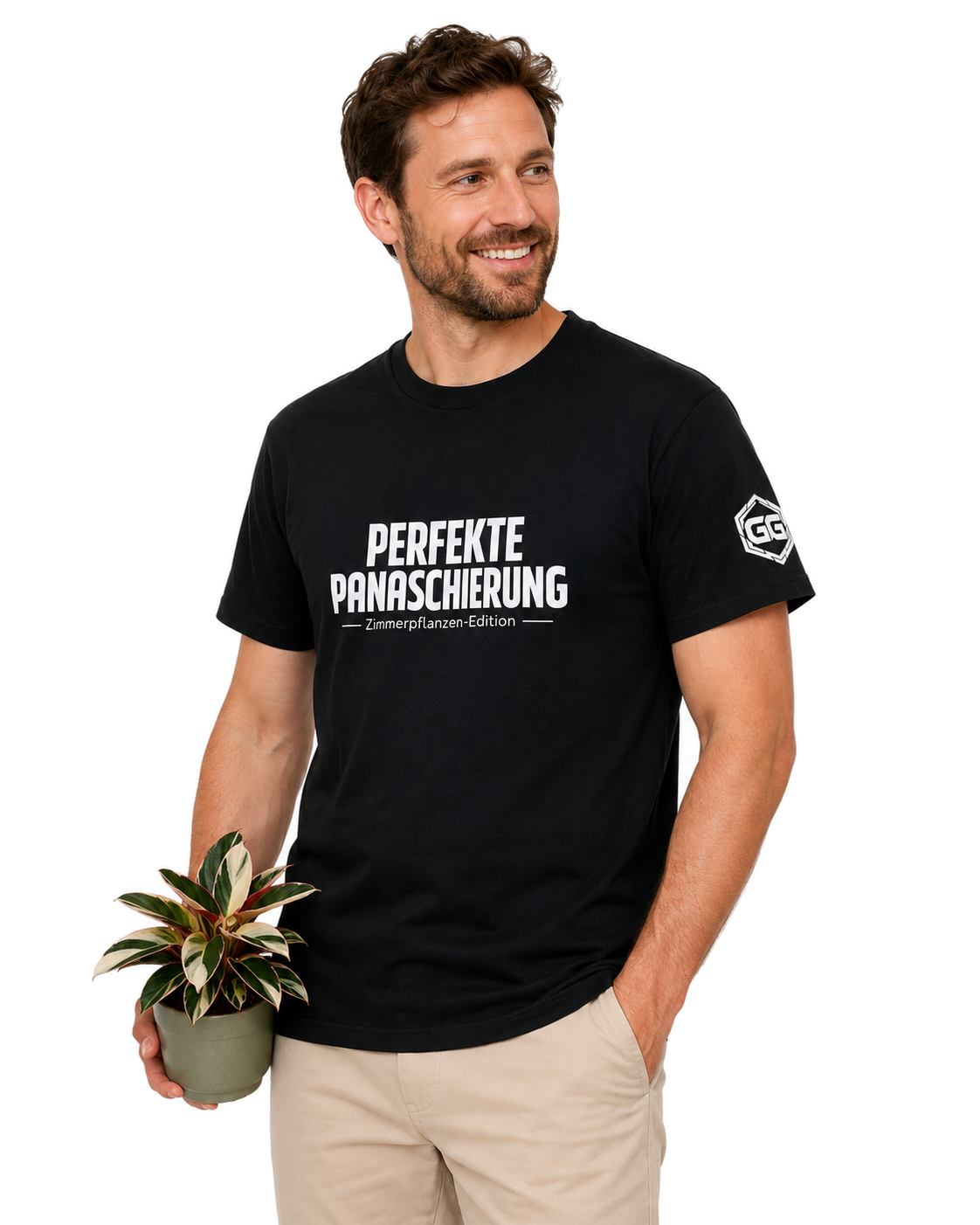model:1:m | Perfect Variegation – Houseplant T-Shirt – Model photo in Black – Man