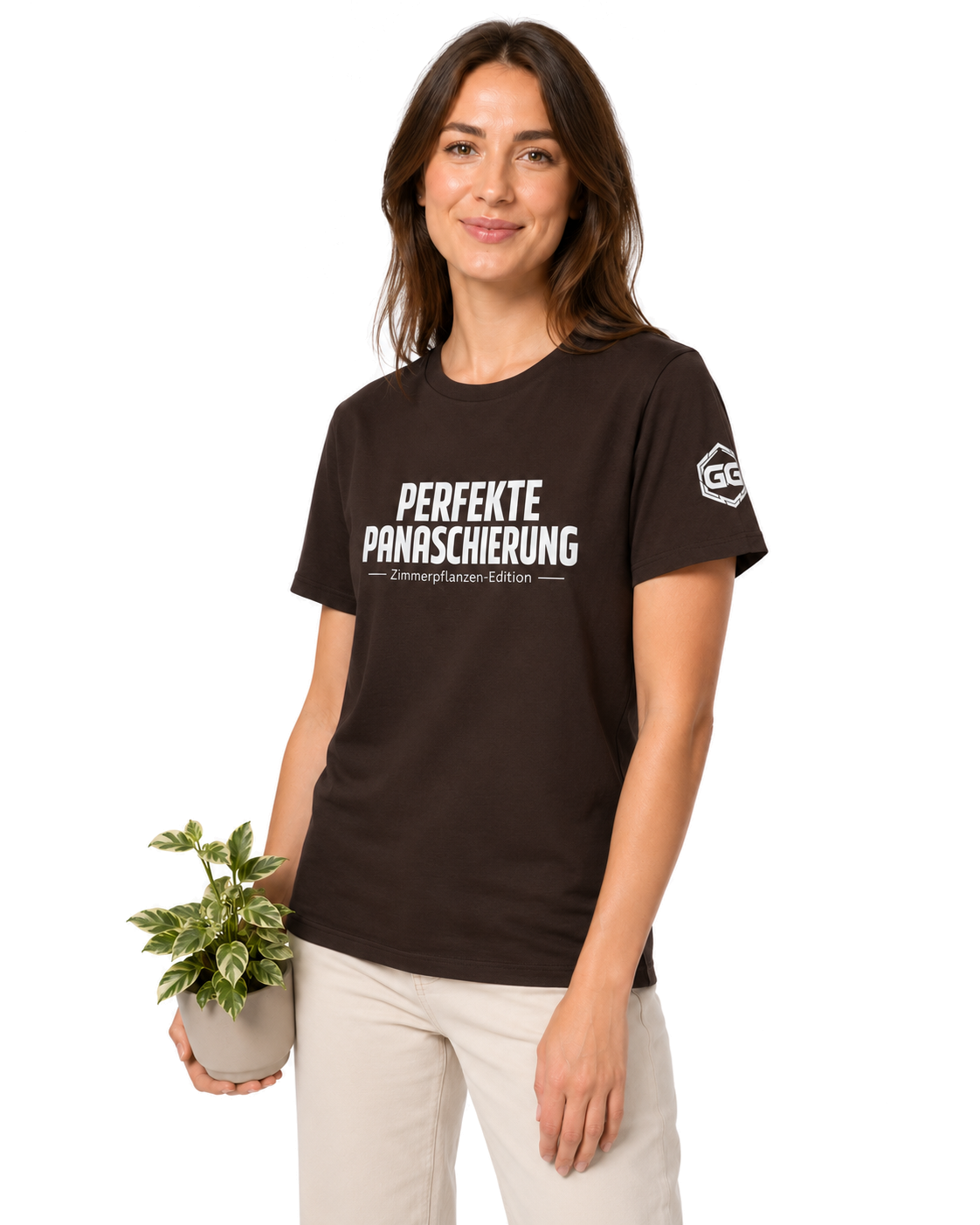 model:3:f | Perfect Variegation – Houseplant T-Shirt – Model photo in Dark Chocolate – Woman
