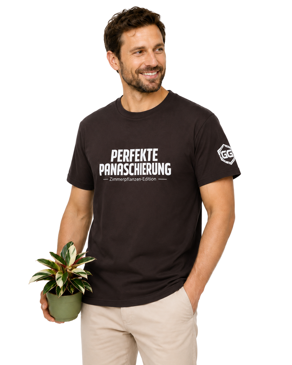 model:3:m | Perfect Variegation – Houseplant T-Shirt – Model photo in Dark Chocolate – Man