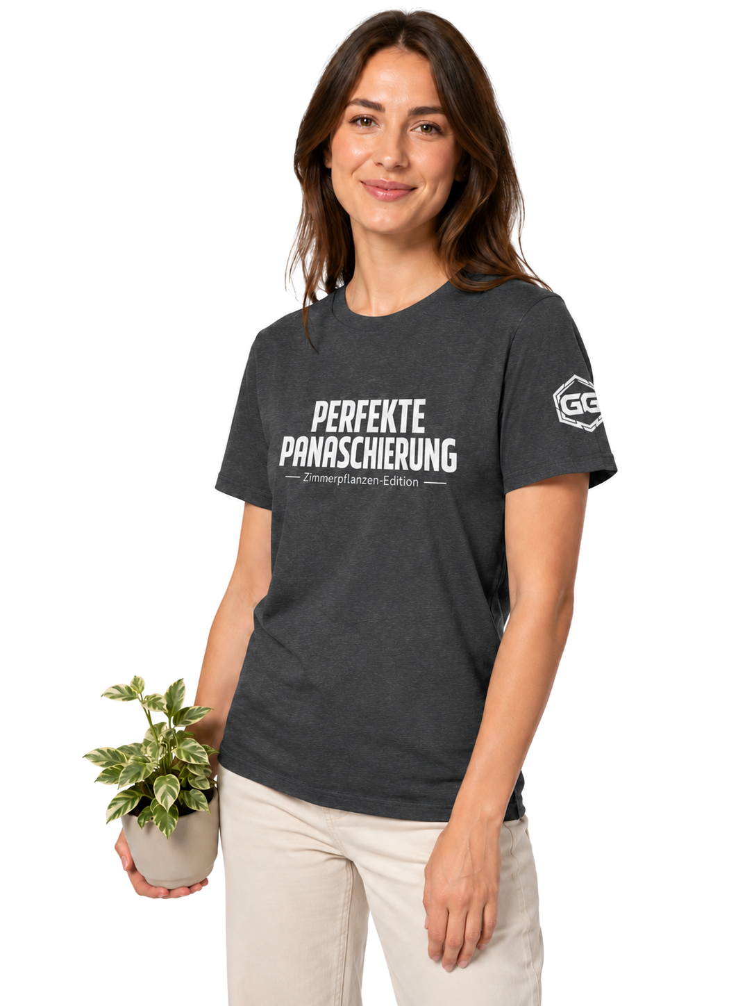 model:6:f | Perfect Variegation – Houseplant T-Shirt – Model photo in Dark Heather – Woman