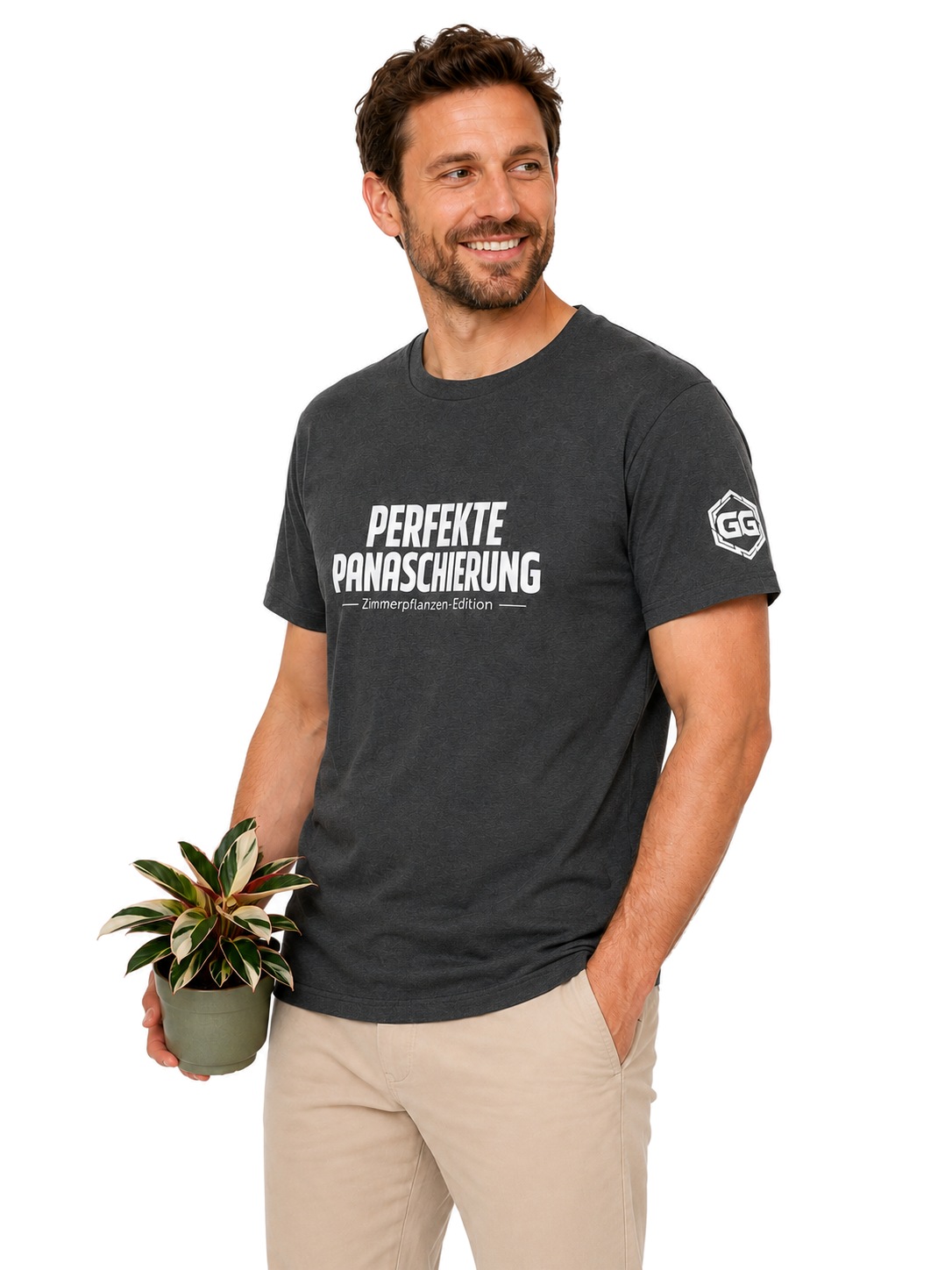 model:6:m | Perfect Variegation – Houseplant T-Shirt – Model photo in Dark Heather – Man
